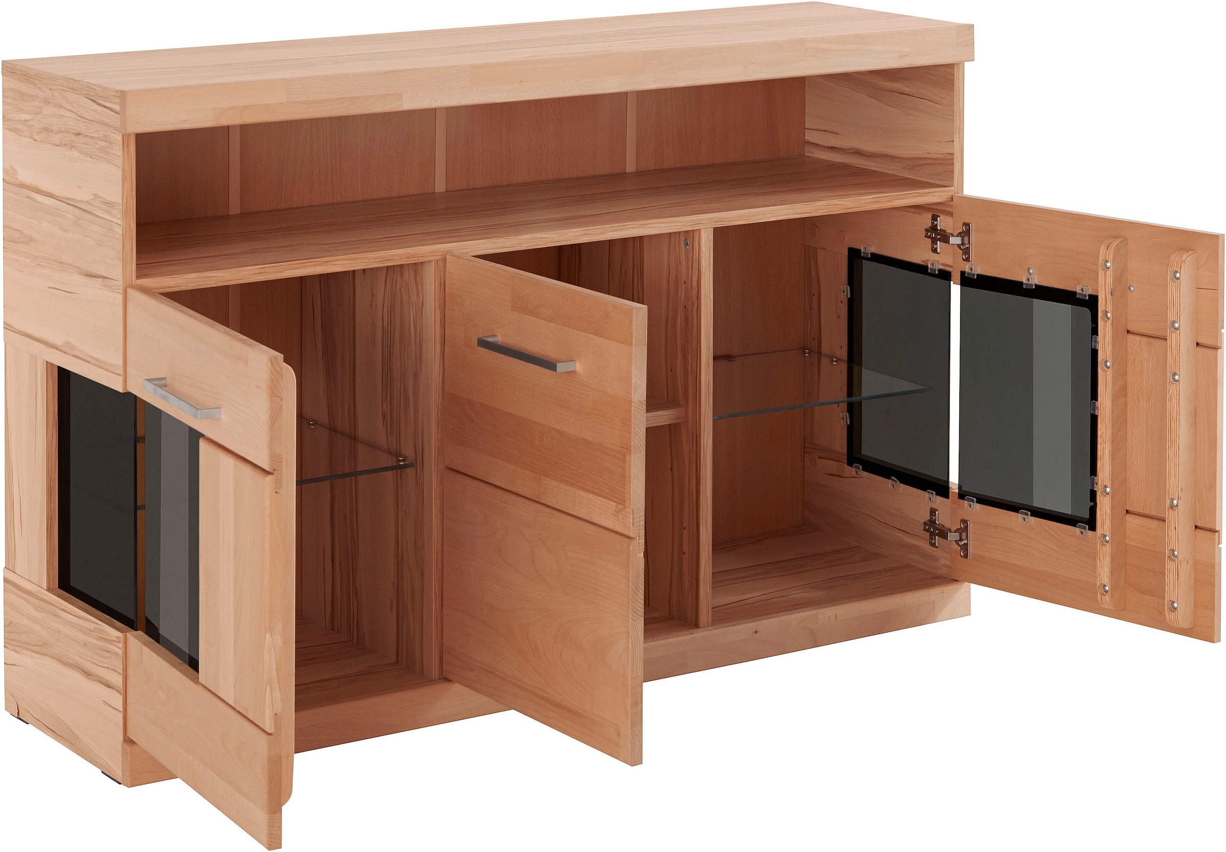 Home affaire Sideboard »Ribe,130cm breit,Fronten Massivholz,2Türen mit gehärtetem Glaseinsatz«, Korpus aus Holzwerkstoff, Metall Griffe,7 Fächer, Böden versetzbar