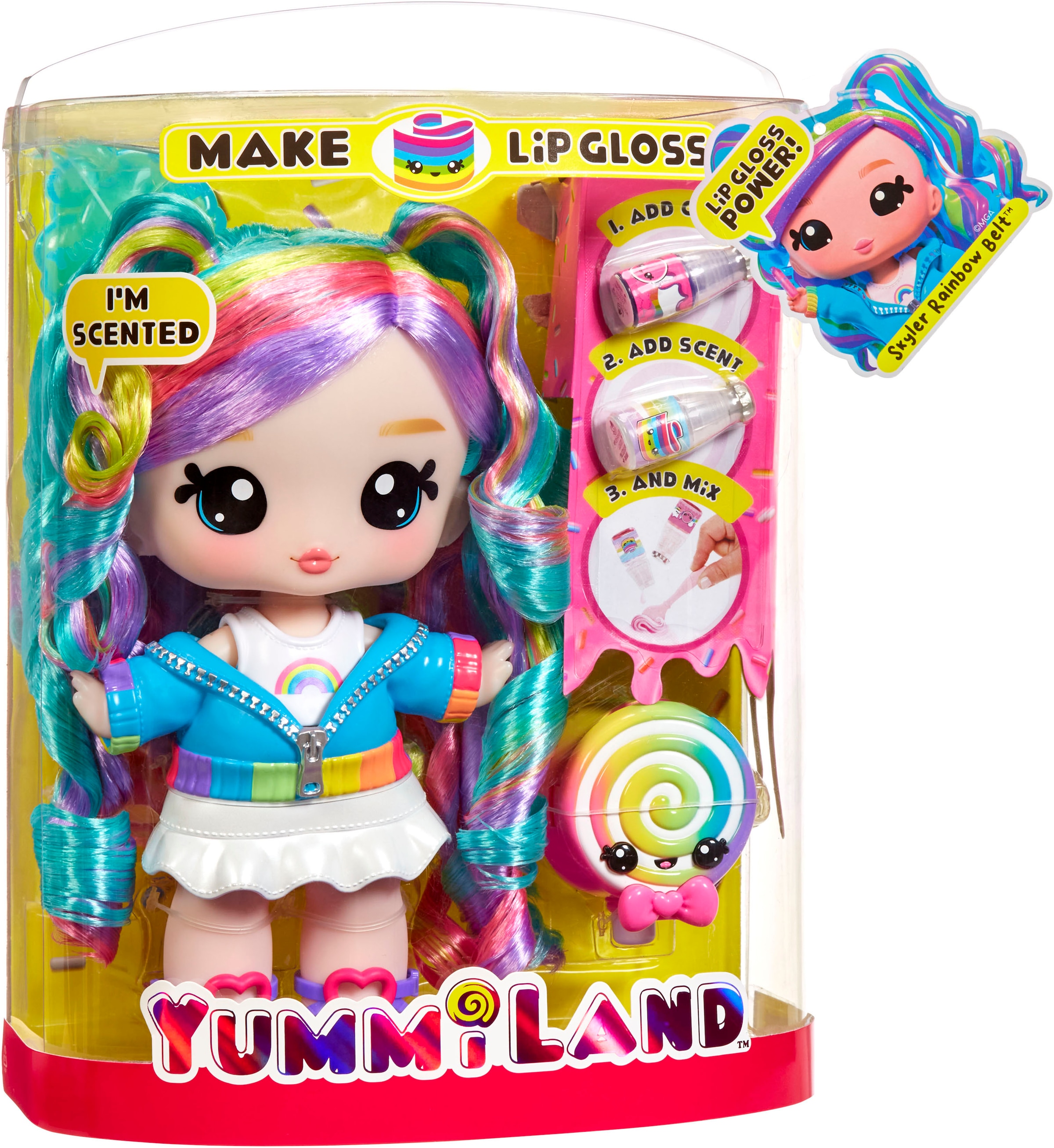 Anziehpuppe »Yummiland Large Doll + Lip Gloss Pet- Rainbow (Skyler Rainbow Belt)«, duftend