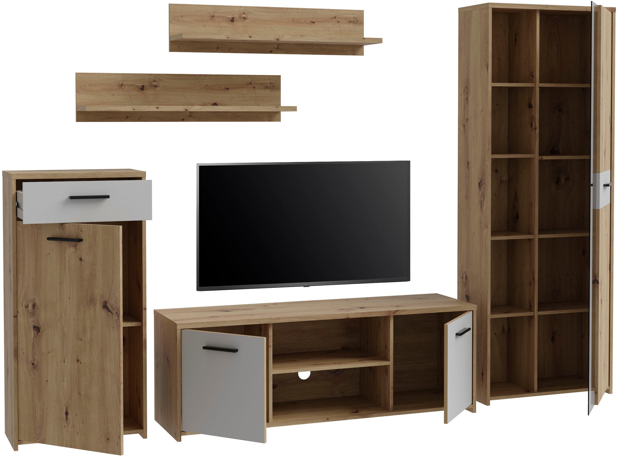 FORTE Wohnwand »Pablo«, (5 St.), Wohnwand 5teilig, Stauraum, Funktionalität, Artisan Eiche/Weiss