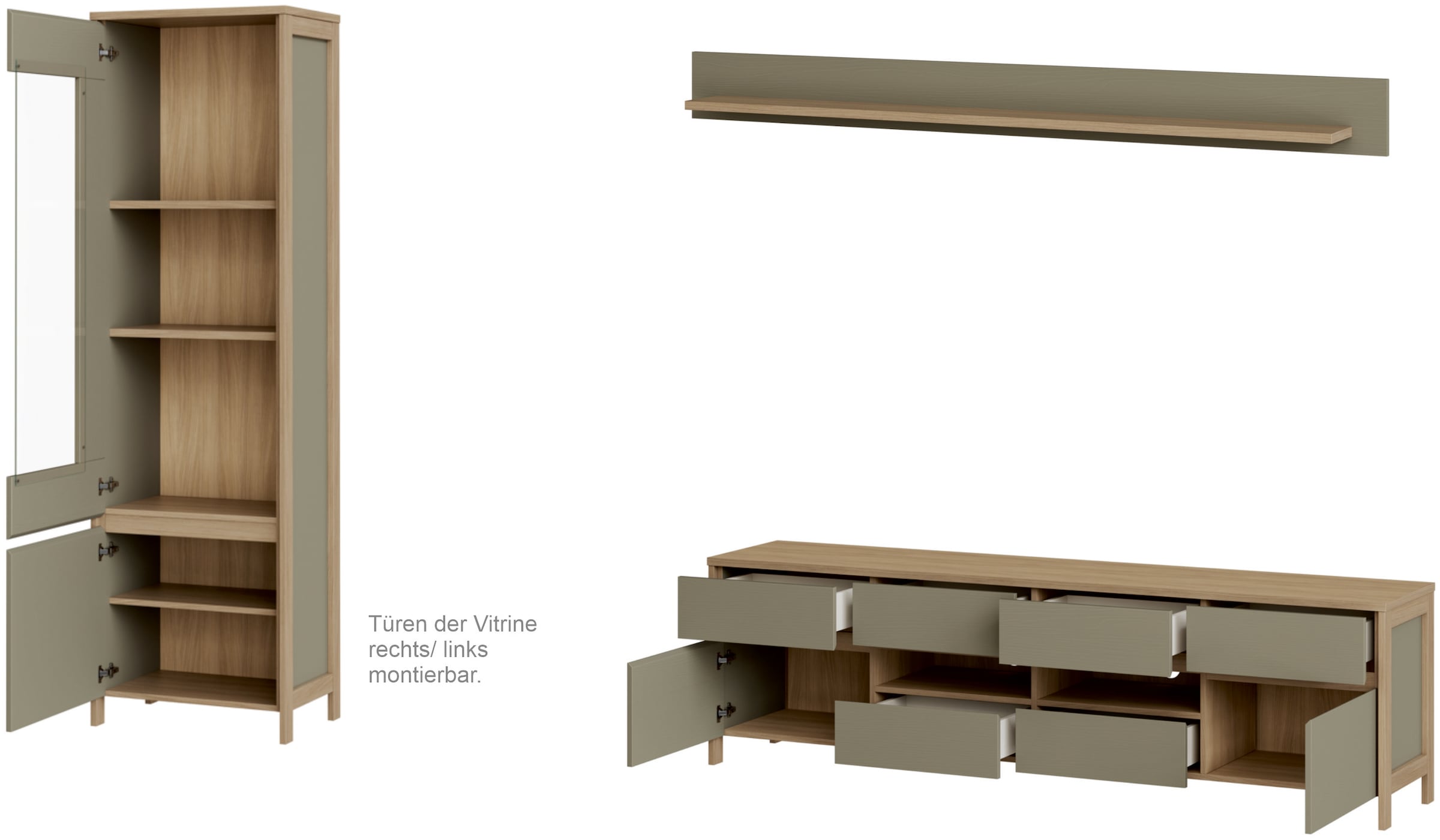 Home affaire Wohnwand »Stranda, moderne Anbauwand, Komplettset im Scandi-Style«, (3 St.), enthält Vitrine, Lowboard und Wandboard, 270 cm breit