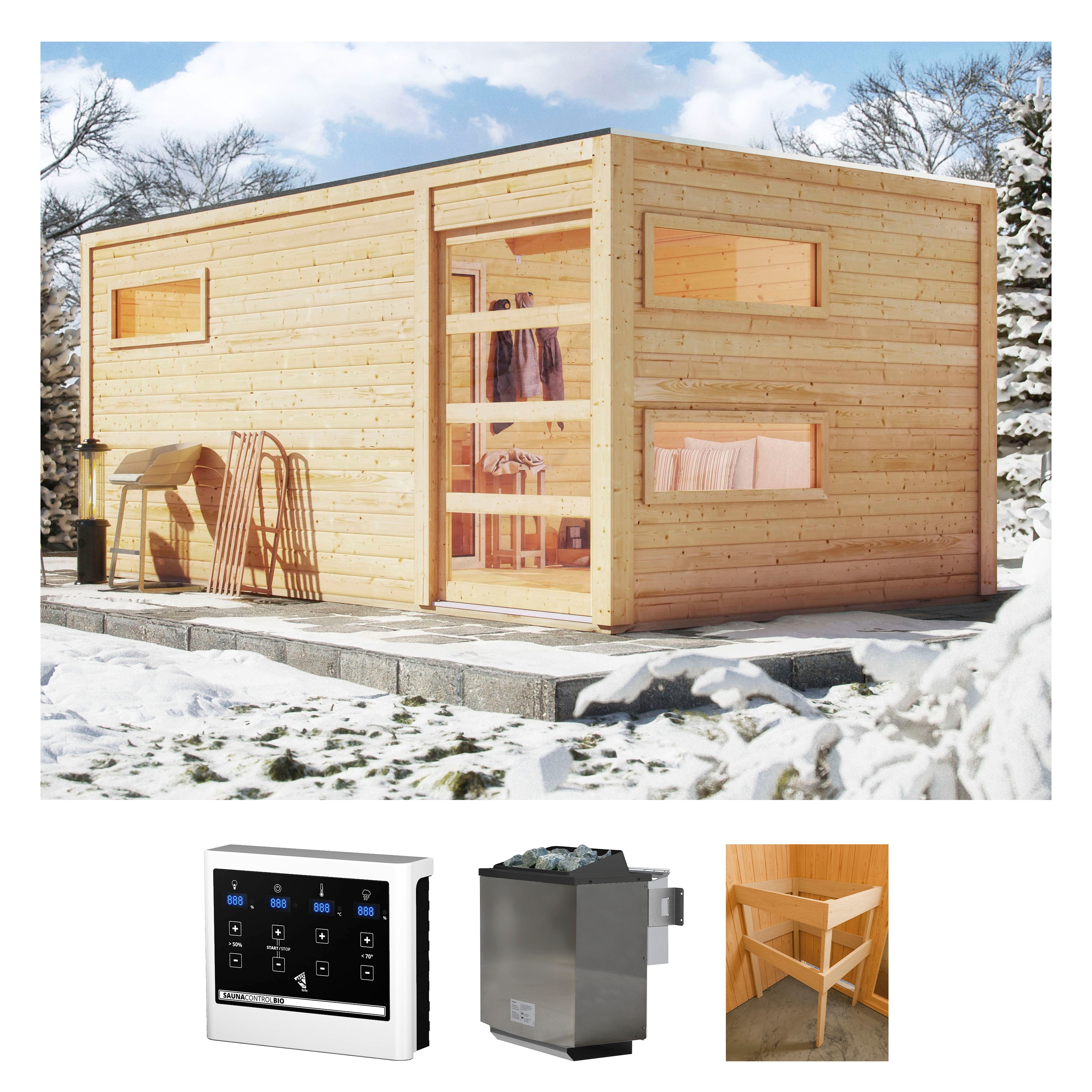 KONIFERA Saunahaus "Hagen" Set, Ofen 9 kW Bio externe Strg easy