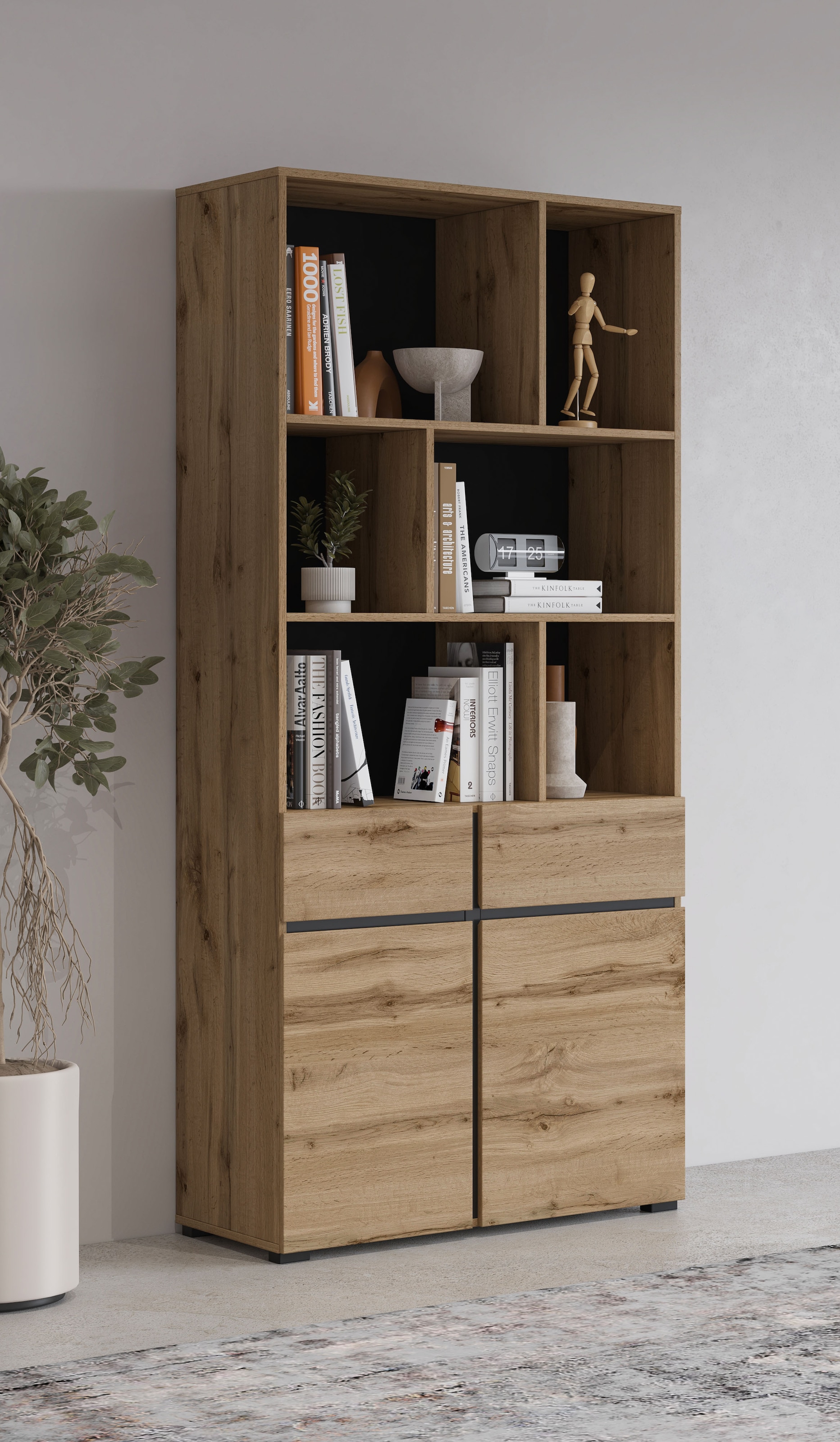 OTTO home Aktenschrank »Cross, Breite 85 cm, modernem grifflose Standregal, Bücherregal« Standregal mit 6 offene Fächern, 2 Schubladen und 2 Türen, Büroregal
