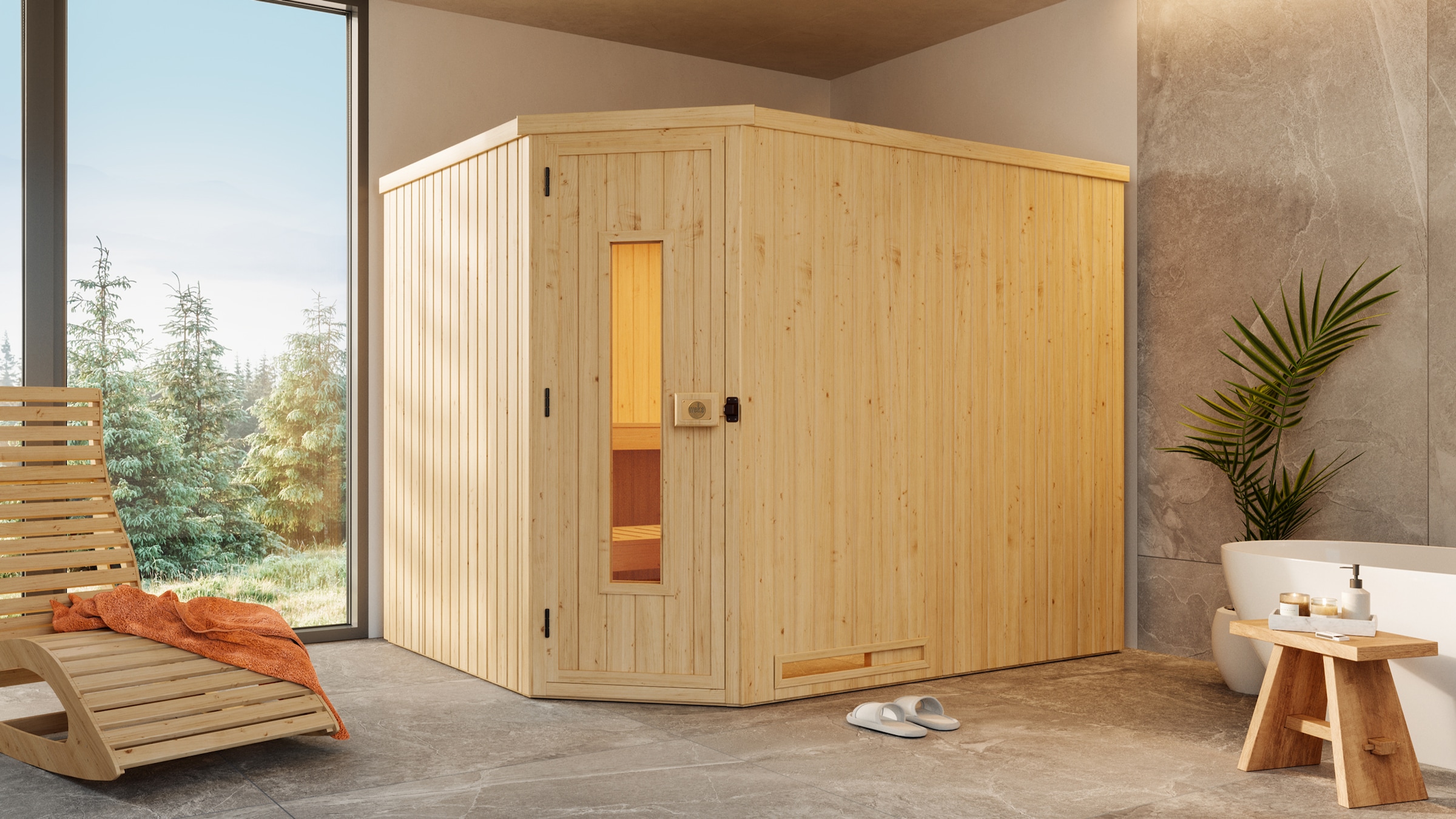 weka Sauna »Element-Ecksauna VARBERG 4«, vorgefertigte Elemente, isolierte Holztür