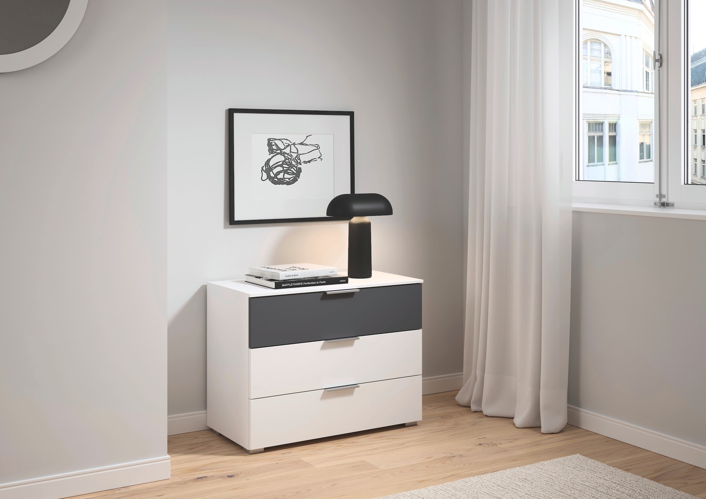 OTTO home Schubkastenkommode »Kommode Sideboard Schubladenkommode Schlafzimmerkommode ASTANA« Breite 80 cm / Höhe 61 cm,  mit 3 geräumigen Schubladen, Kantengriff in Alufarben MADE IN GERMANY