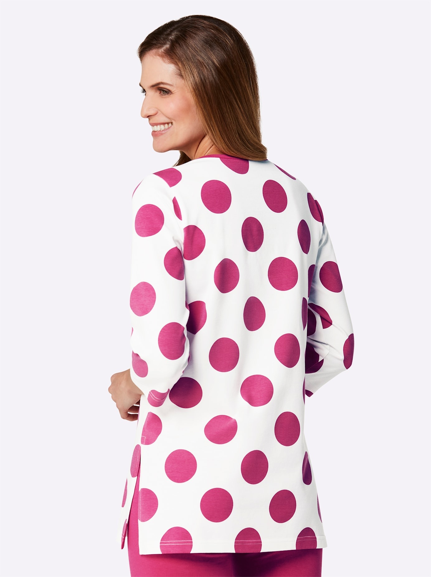 Rundhalsshirt FEEL GOOD "Longshirt", Damen, Gr. 40/42, pink (ecru, fuchsia), 95% Baumwolle, 5% Elasthan, gemustert, gepunktet, Shirts Rundhalsshirt 2