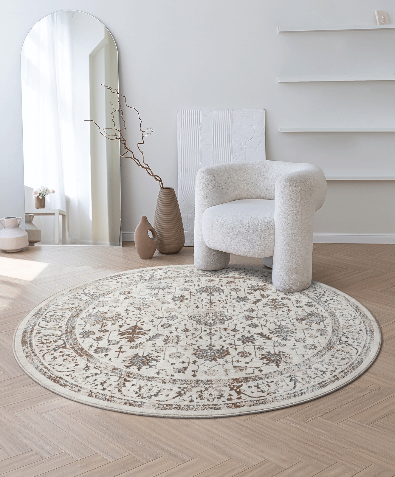 Teppich THE CARPET, H:8mm Ø:200cm, beige, Polyester, Ankleidezimmer, Teppiche, "Mila", moderner Wohnzimmer Teppich elegant glänzender Flor