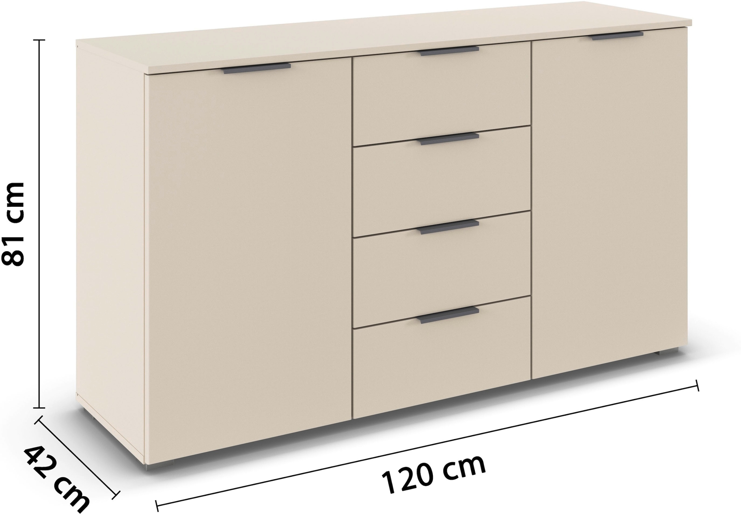 rauch Kombikommode »Sideboard Schubladenkommode AGORDO mit Dekor- oder Hochglanzfront«, (in zwei Griff-Farben, Breite 120 cm inkl. Soft-Close-Funktion), vier große Schubladen, mit insgesamt 4 Einlegeböden MADE IN GERMANY