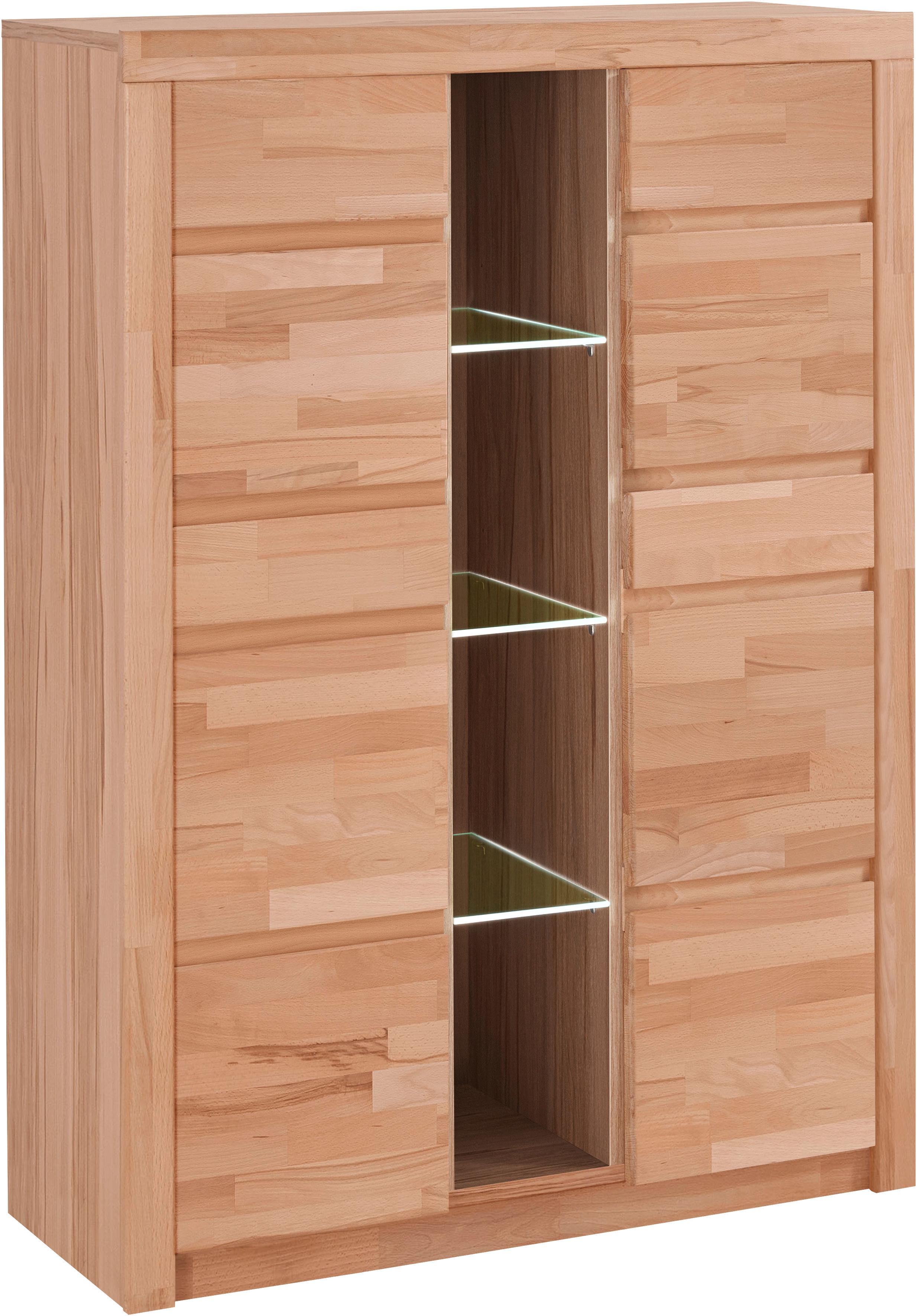 OTTO home Highboard "Silkeborg Fronten & Leisten aus Massivholz, Kospus aus Melamin" B/T/H: 90/35/125cm, 6 Melamin & 3 Glas einlegeboden die variabel sind.