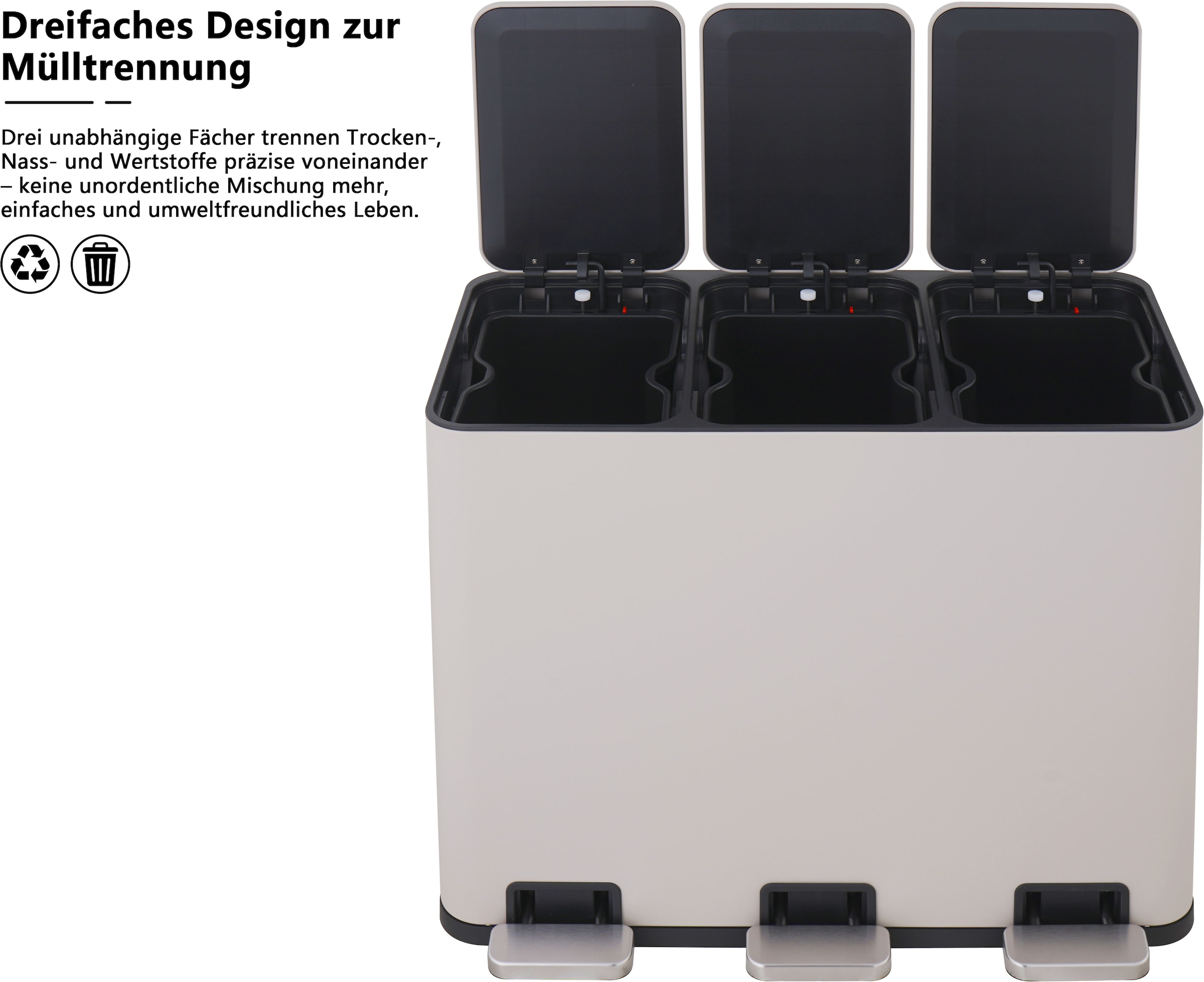 OTTO home Mülleimer »Garrin, mit 3 Fächern, Fassungsvermögen jeweils 15 Liter« 3 Behälter Mülltrennsystem mit 3 separaten Innenbehältern und Fußtrittpedalen