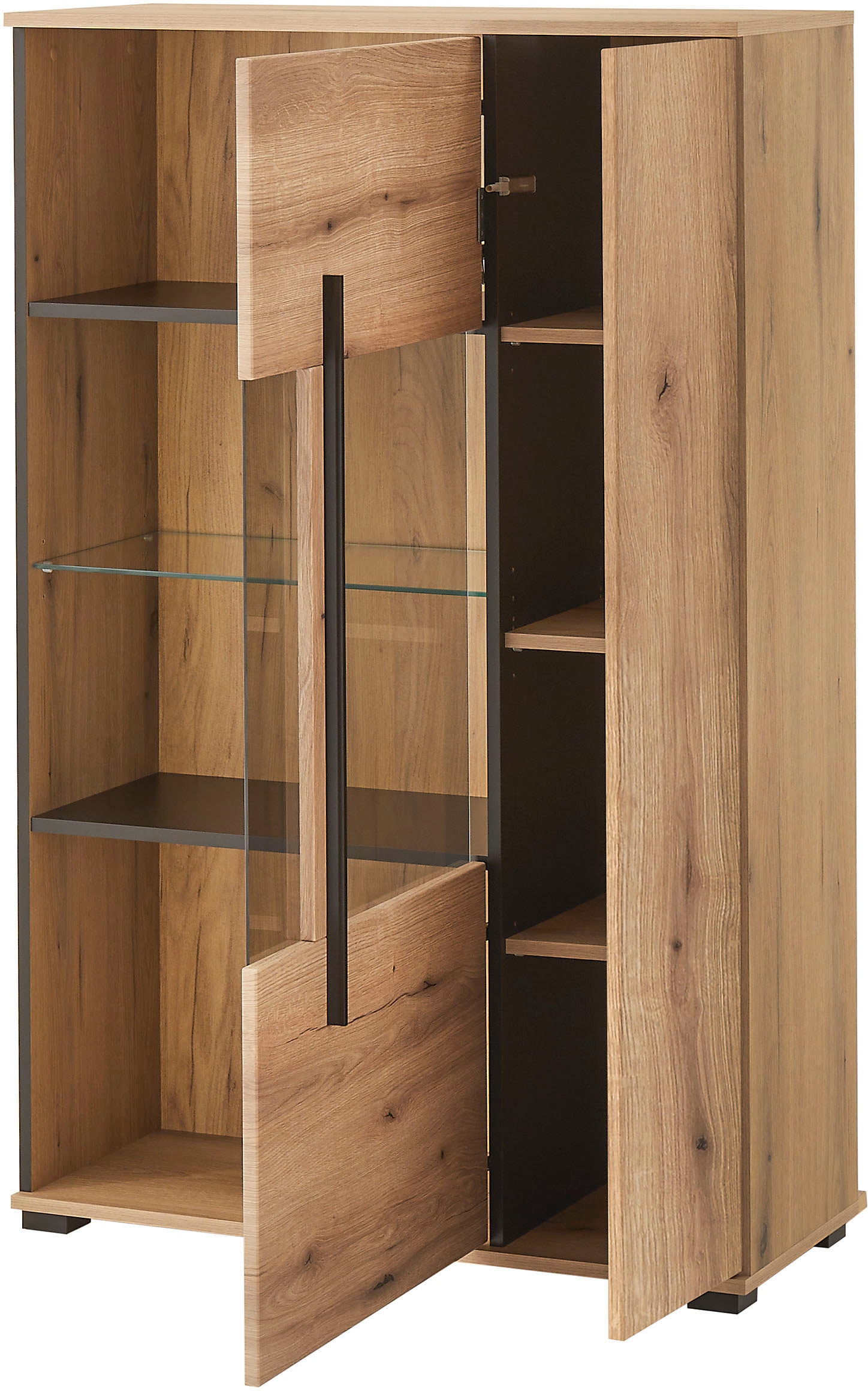 INOSIGN Vitrine »Cantara, Vitrinenschrank in Eiche Evoke oder weiß, Standvitrine«, schwarzer Stangengriff, ausreichend Stauraum, vielseitig einsetzbar