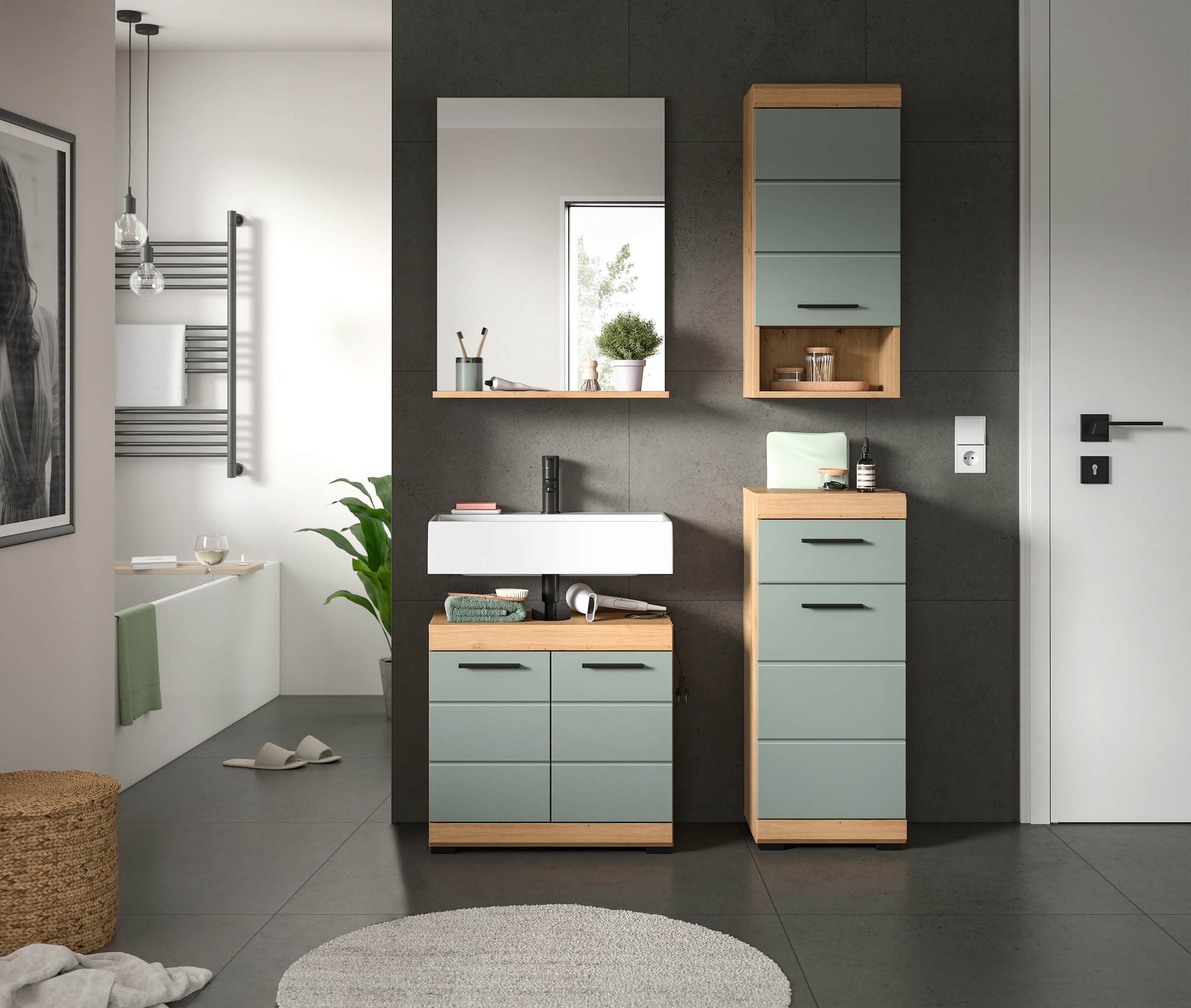 INOSIGN Badmöbel-Set »Siena, 4 teilig, bestehend aus:«, (Set), Waschbeckenunterschrank, Spiegel, Unterschrank, Hängeschrank