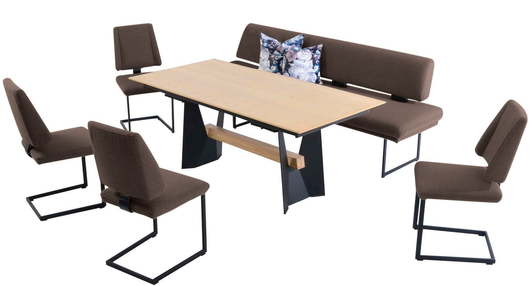 K+W Komfort & Wohnen Essgruppe "Longbeach" 6 Stk. tlg. Essgruppe in Spitzkissenoptik mit 4 Freischwingern, Gestell in Metall