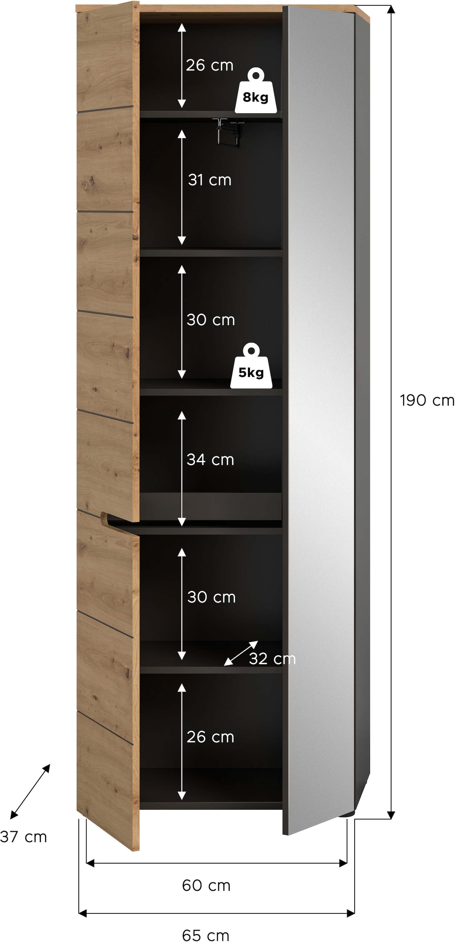 INOSIGN Garderobenschrank »Rehat, Höhe: 190cm, in Basalt grau/ Artisan Eiche, 2 Türen, 6 Fächer«, Garderobe, Flurschrank, Dielenschrank, Kleiderschrank, Garderobenmöbel