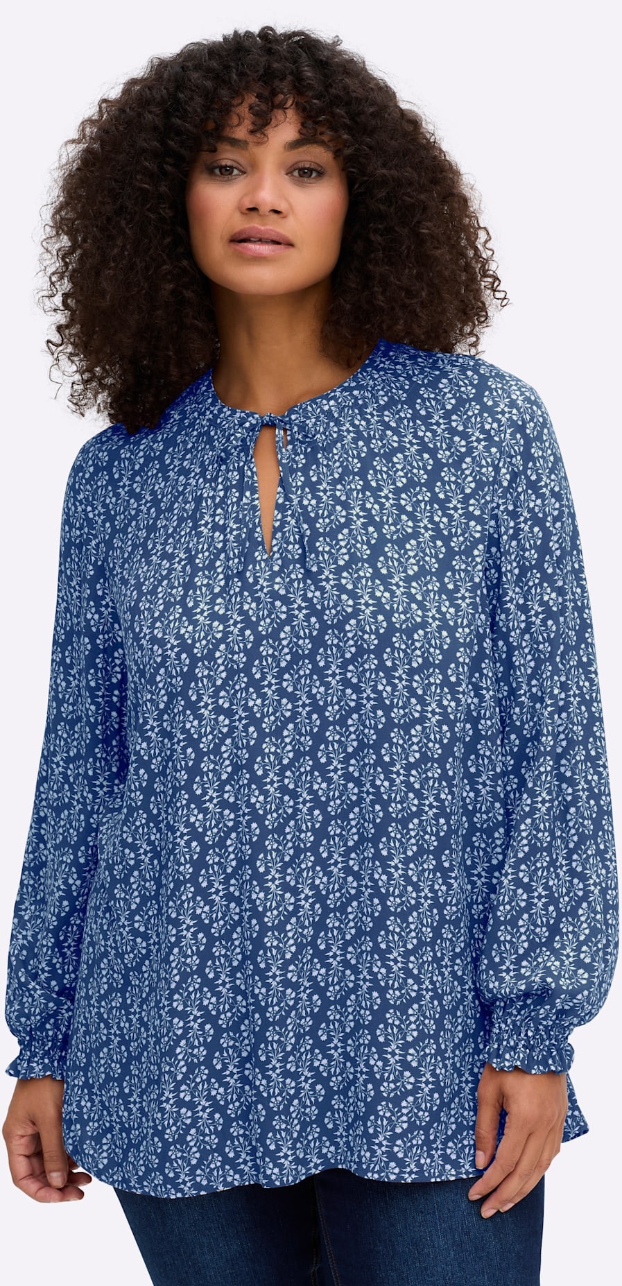Longbluse SHEEGO, Damen, Gr. 58, jeansblau, gemustert, 100% Viskose, bedruckt, geblümt, gemustert, mehrfarbig, V-Ausschnitt, Blusen Longbluse