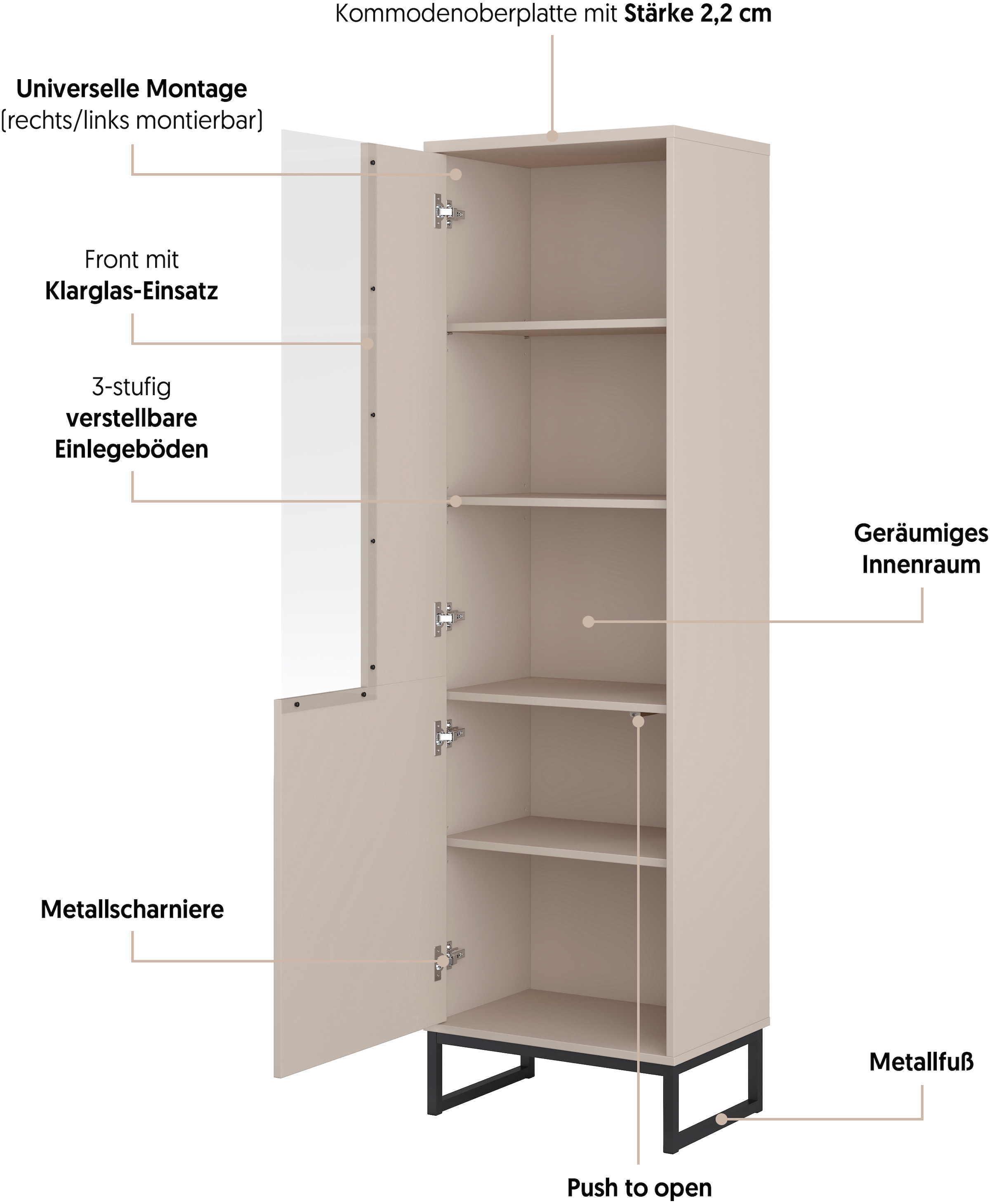 Home affaire Vitrine »Loft, Höhe 181 cm, moderne Standvitrine mit Glastür, Metallkufen« Hochschrank mit viel Stauraum, Glastür und verstellbaren Einlegeböden
