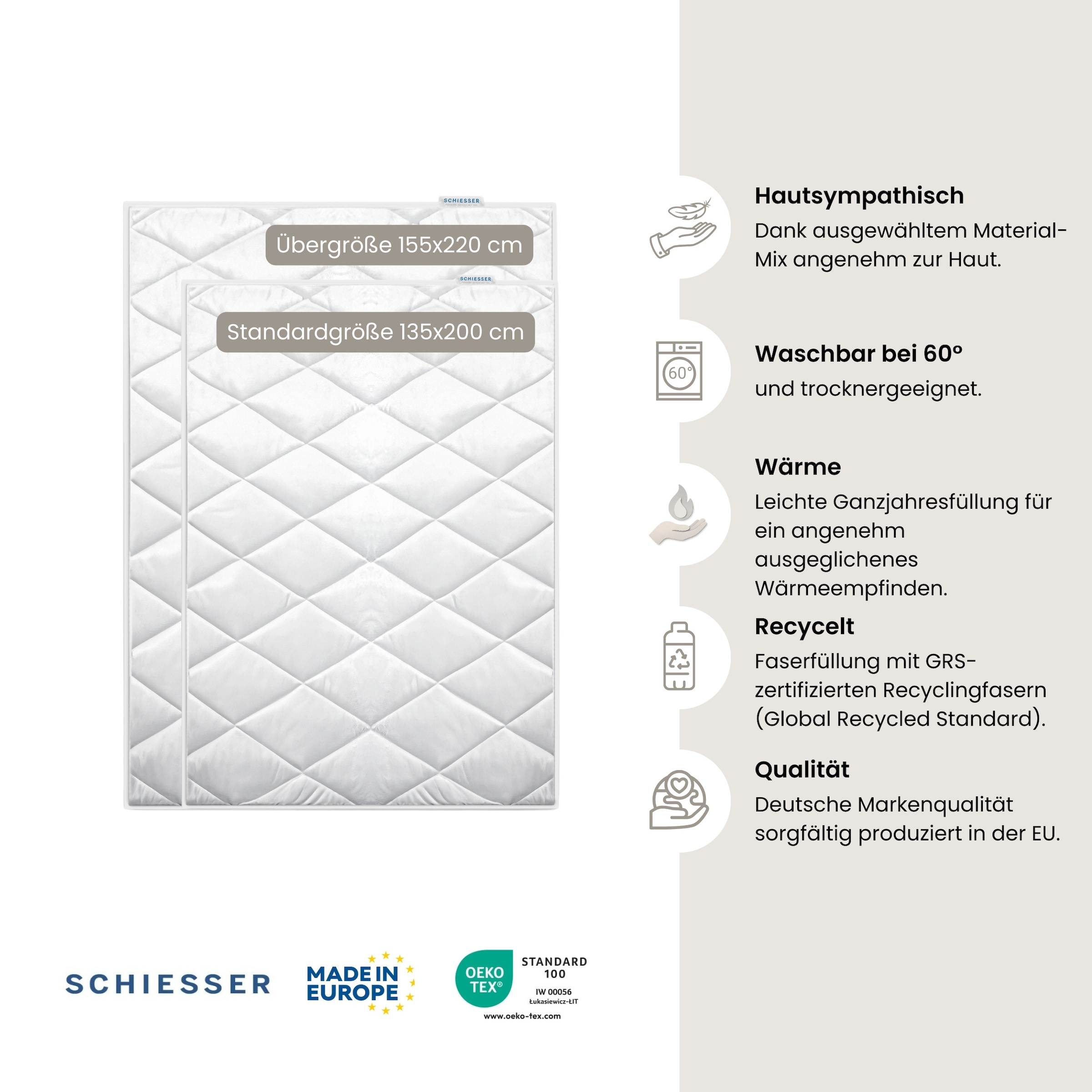 Schiesser 4-Jahreszeitenbett »Lykke - 2 zusammenknöpfbare Steppdecken für Sommer und Winter« 4-Jahreszeiten 1 Stk. tlg. STANDARD 100 by OEKO-TEX® zertifiziert