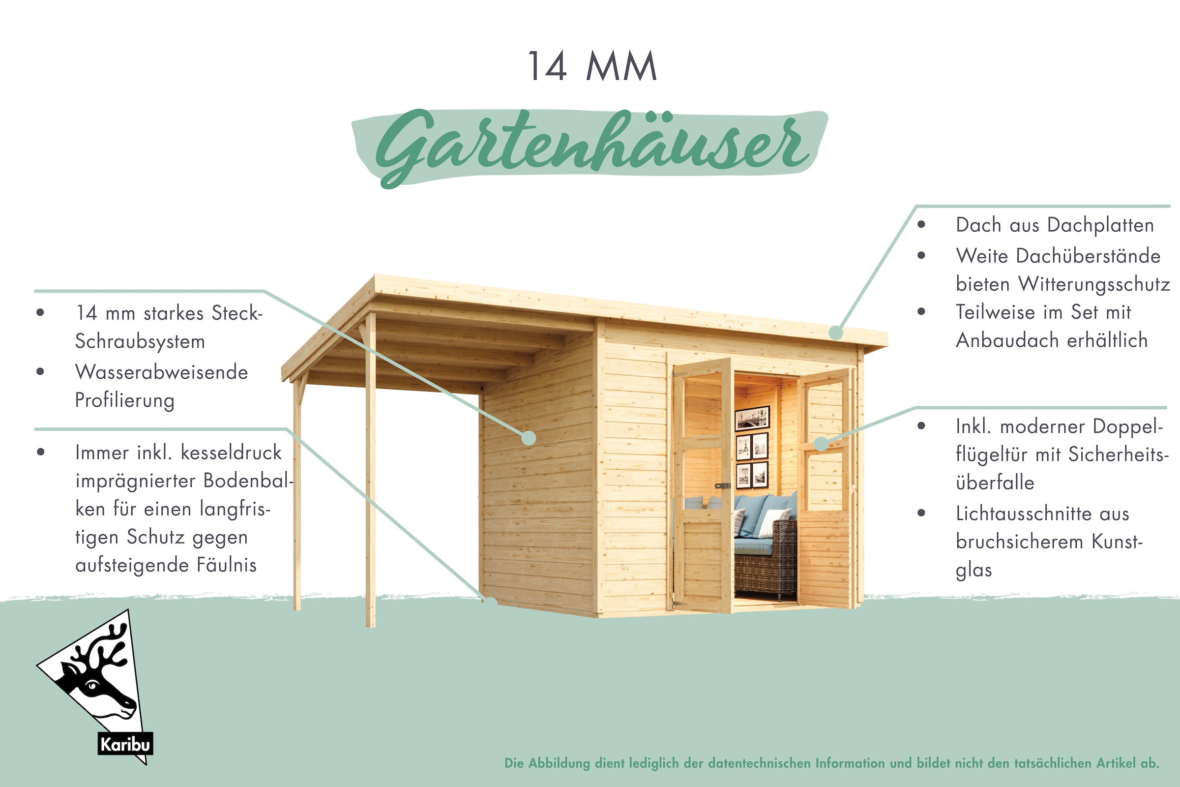 Karibu Gartenhaus »»Merseburg 5« vorvergraut mit Anbaudach«, (Set), aus Fichtenholz, farbig lasiert