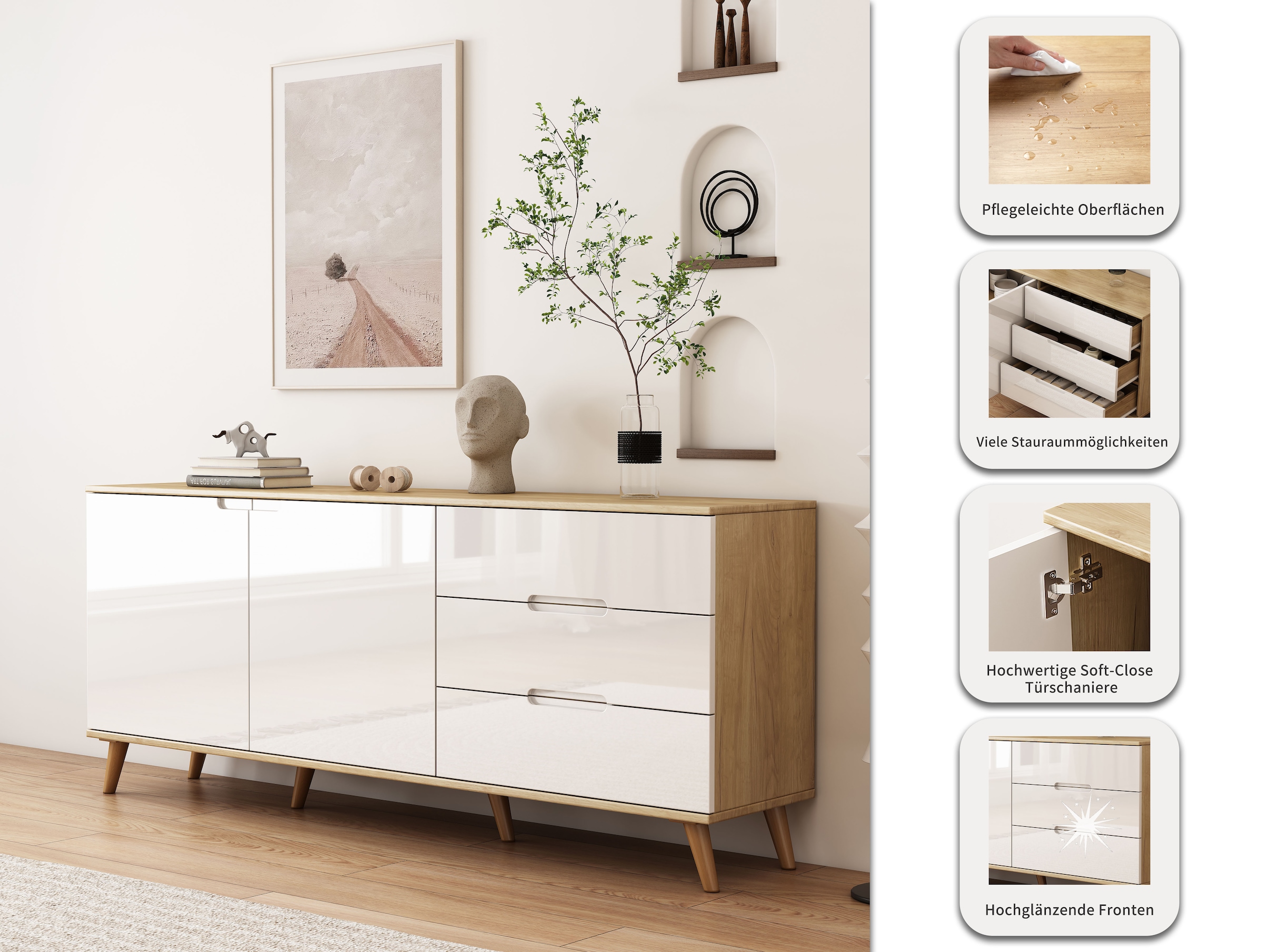 OTTO home Sideboard »Lund« mit glänzenden Fronten, Griffmulden, helles Holzdekor, Breite 180 cm