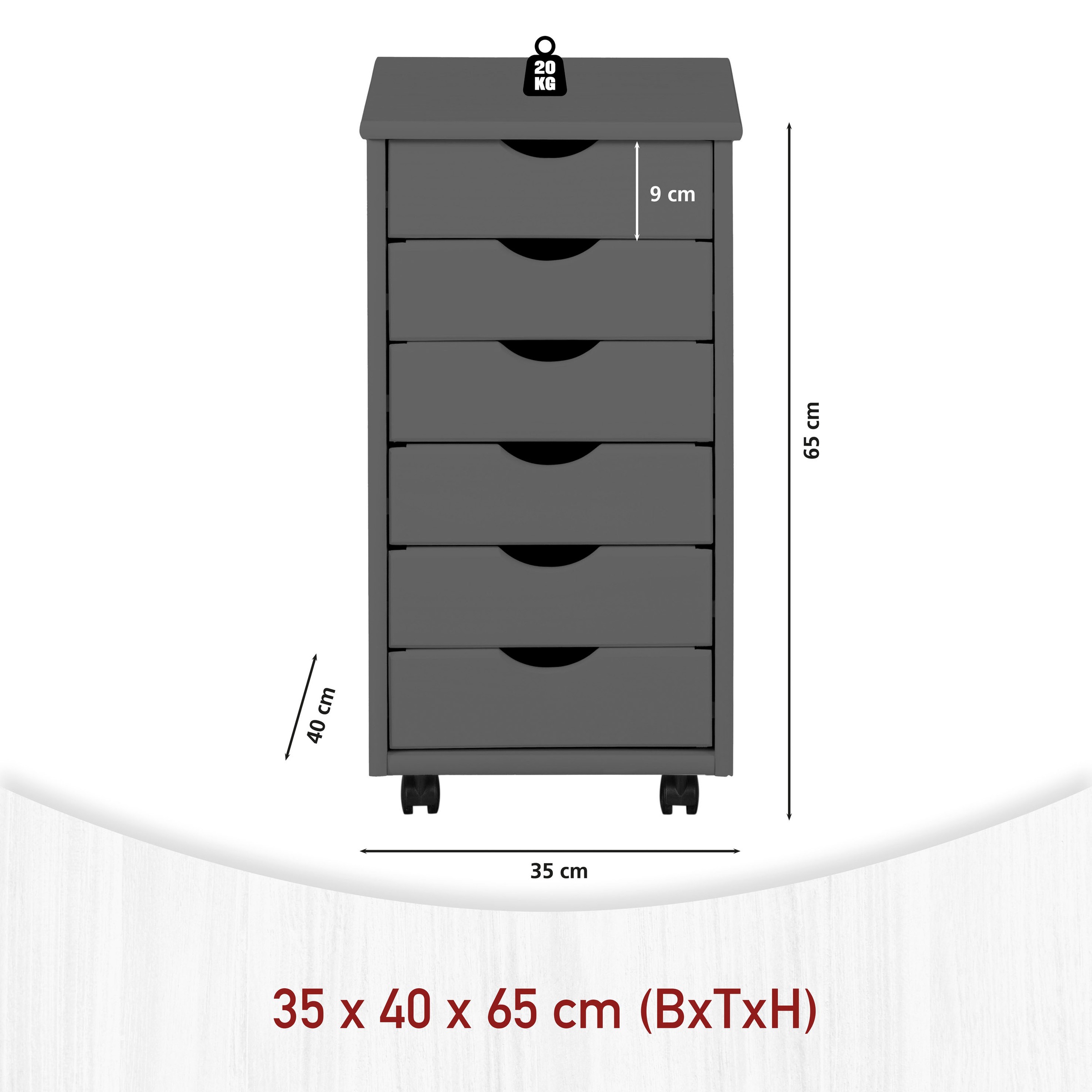 Inter Link Rollcontainer »Simon aus massivem Kiefernholz, auf rollen, grau lackiert« 1 Stk. tlg. Bürocontainer mit 6 Schubladen, grifflos, 35 x 39 x 65,6 cm