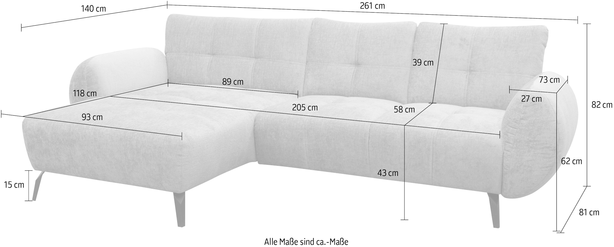 OTTO home Ecksofa »Viiborg 261 x 140 cm, mit Steppungen, elegant, modern« L-Form, pflegeleichter Bezug, hohe Füße - passend für Saugroboter!