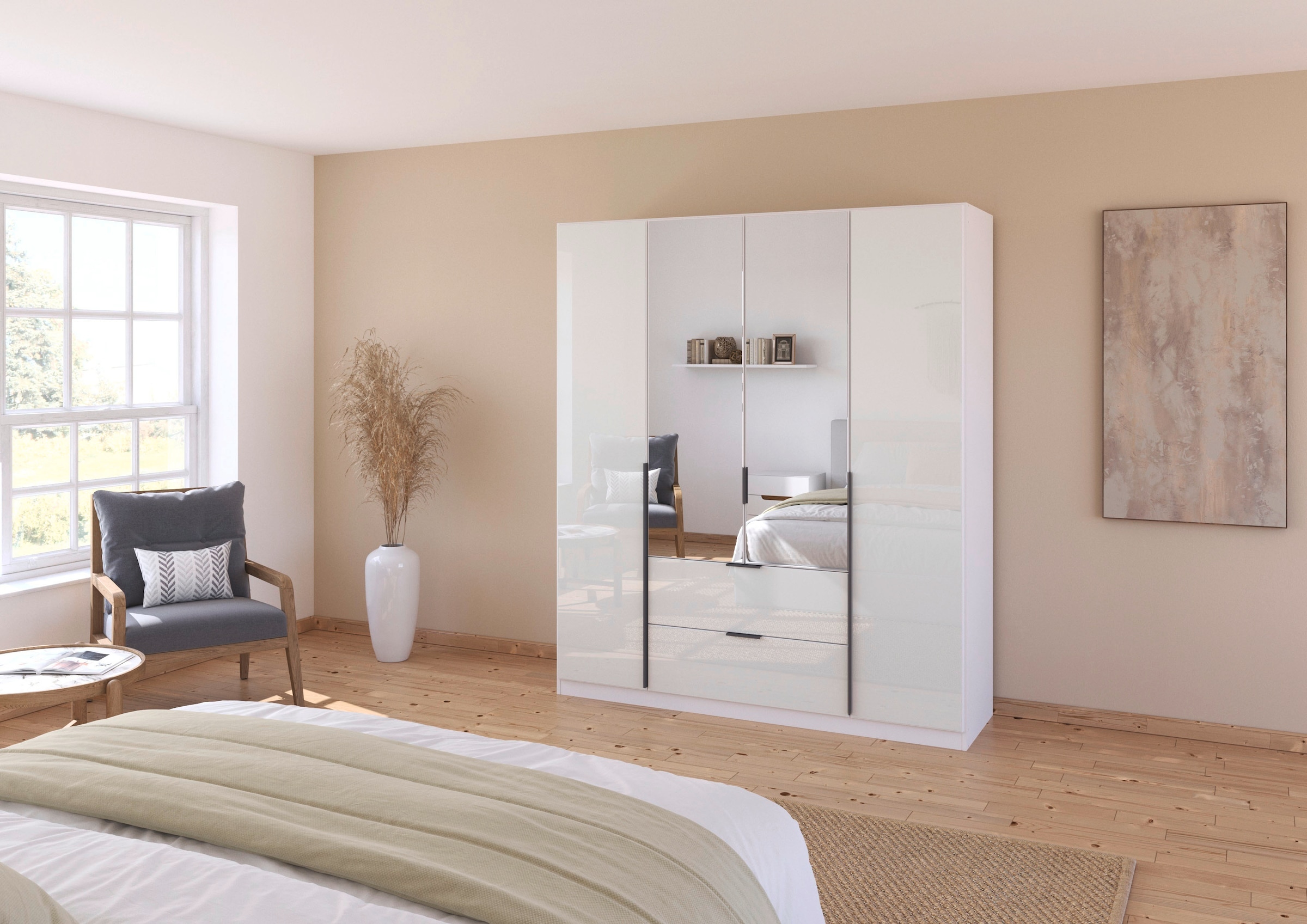 rauch Drehtürenschrank »Kleiderschrank Kleiderschränke Schrank Garderobe AGORDO mit Glasfront«, (in zwei Griff-Farben mit Glasfront), mit Außenschubkästen, in 6 Breiten und 2 Höhen MADE IN GERMANY
