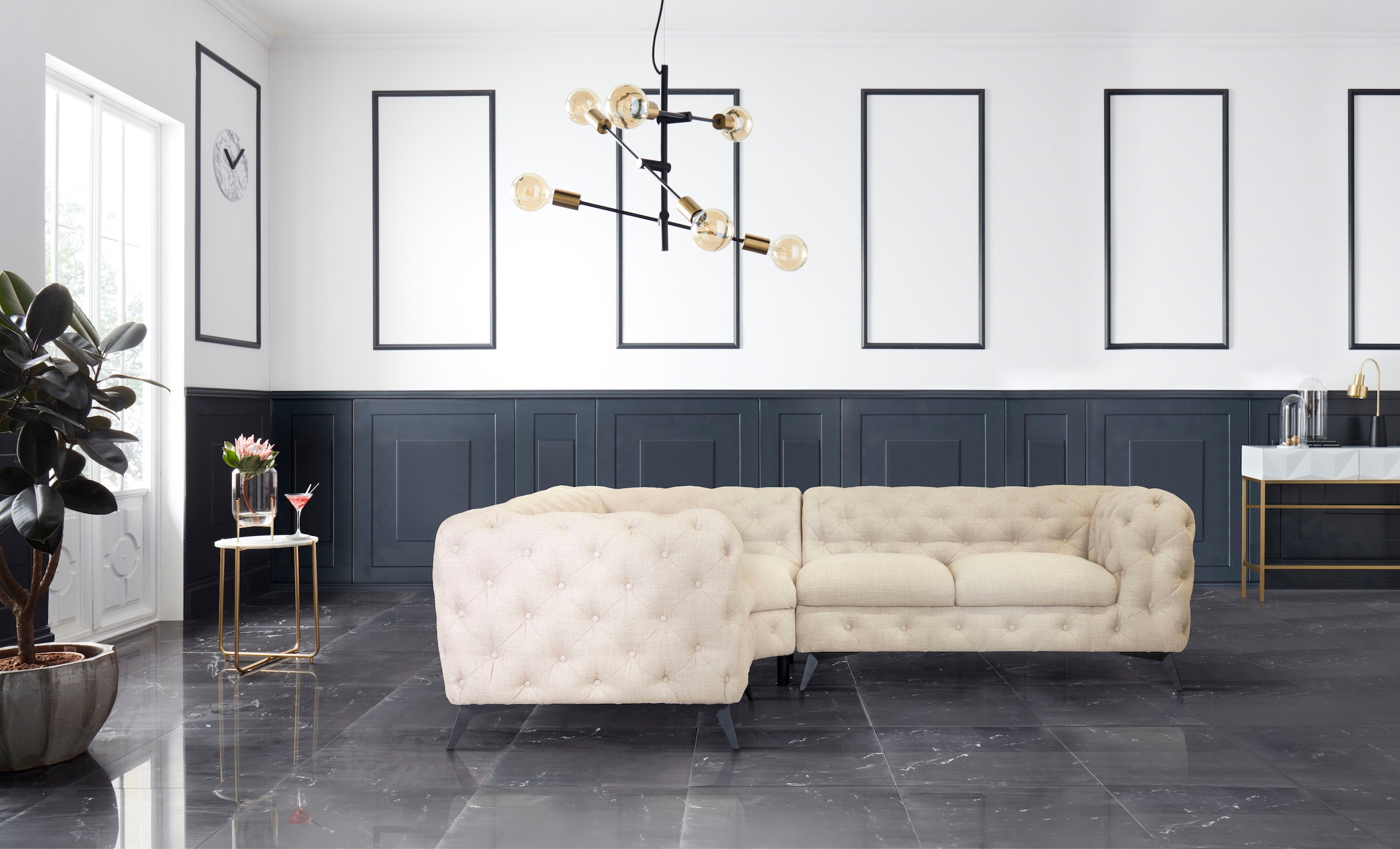 Leonique Chesterfield-Sofa »Ecksofa GLYNIS L-Form mit Wellenunterfederung, Maße B/T/H 264/204/75cm«, aufwändige Knopfheftung, moderne Chesterfield Optik, Fußfarbe wählbar