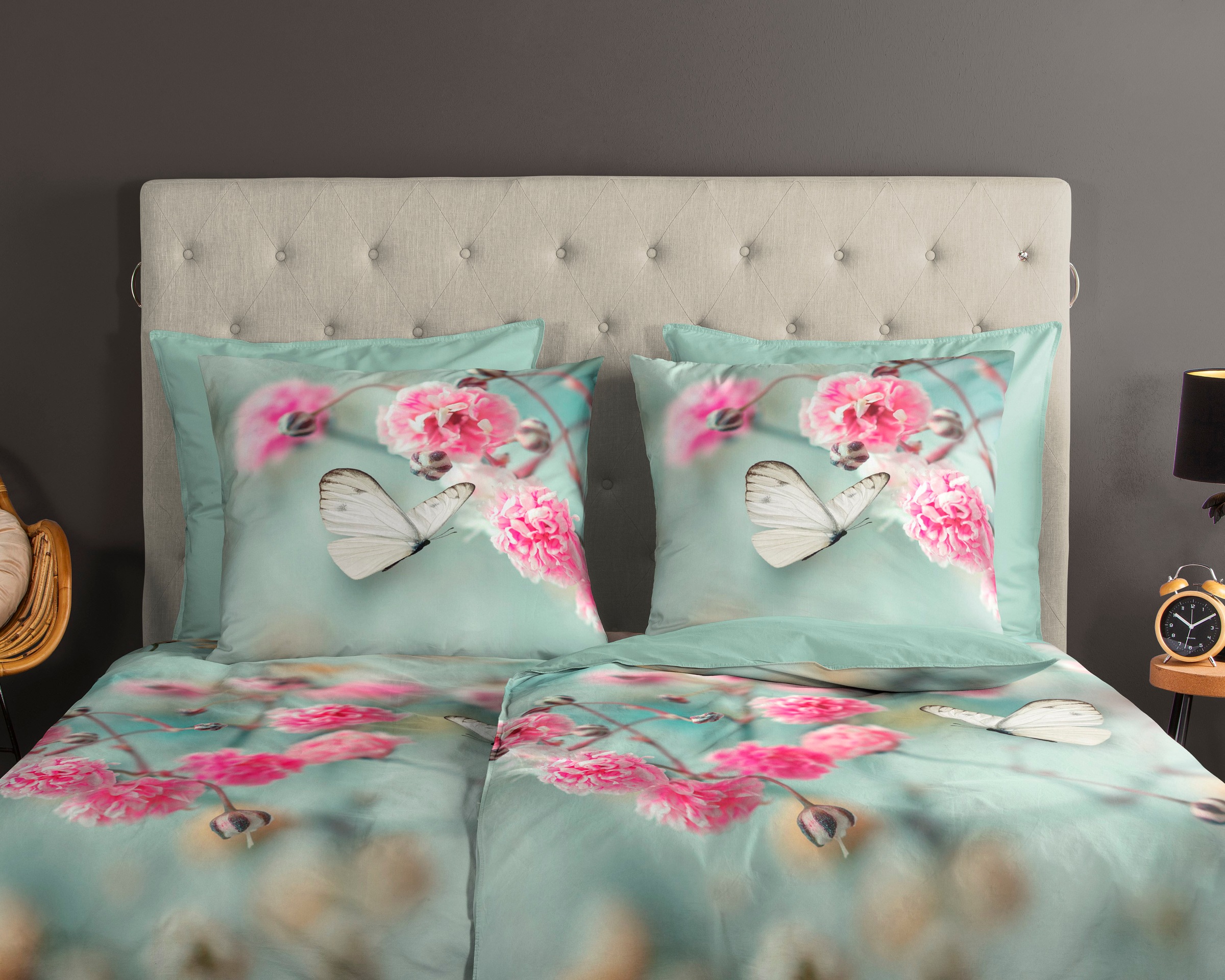 Thumbnail - good morning Wendebettwäsche "Adel" 2 Stk. tlg. 100% Baumwolle, 135x200, Reißverschluss, Wendeoptik, Blumen, Minz Grün