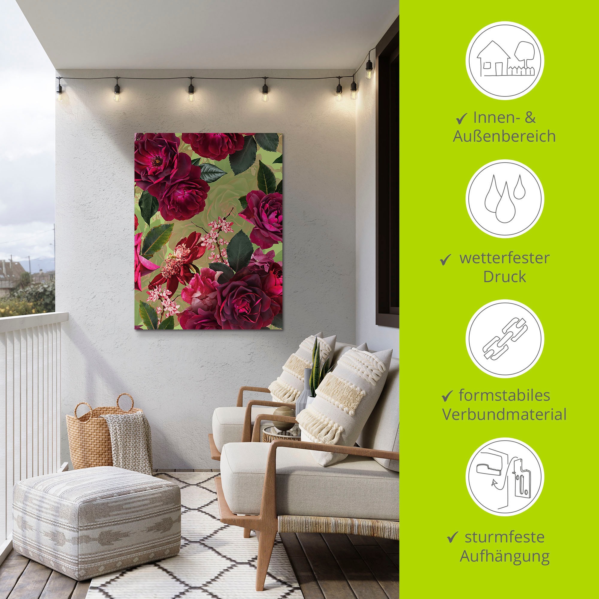 Artland Wandbild »Dunkle Rosen auf Grün«, Blumenbilder, (1 St.), als Alubild, Outdoorbild, Leinwandbild, Poster, Wandaufkleber