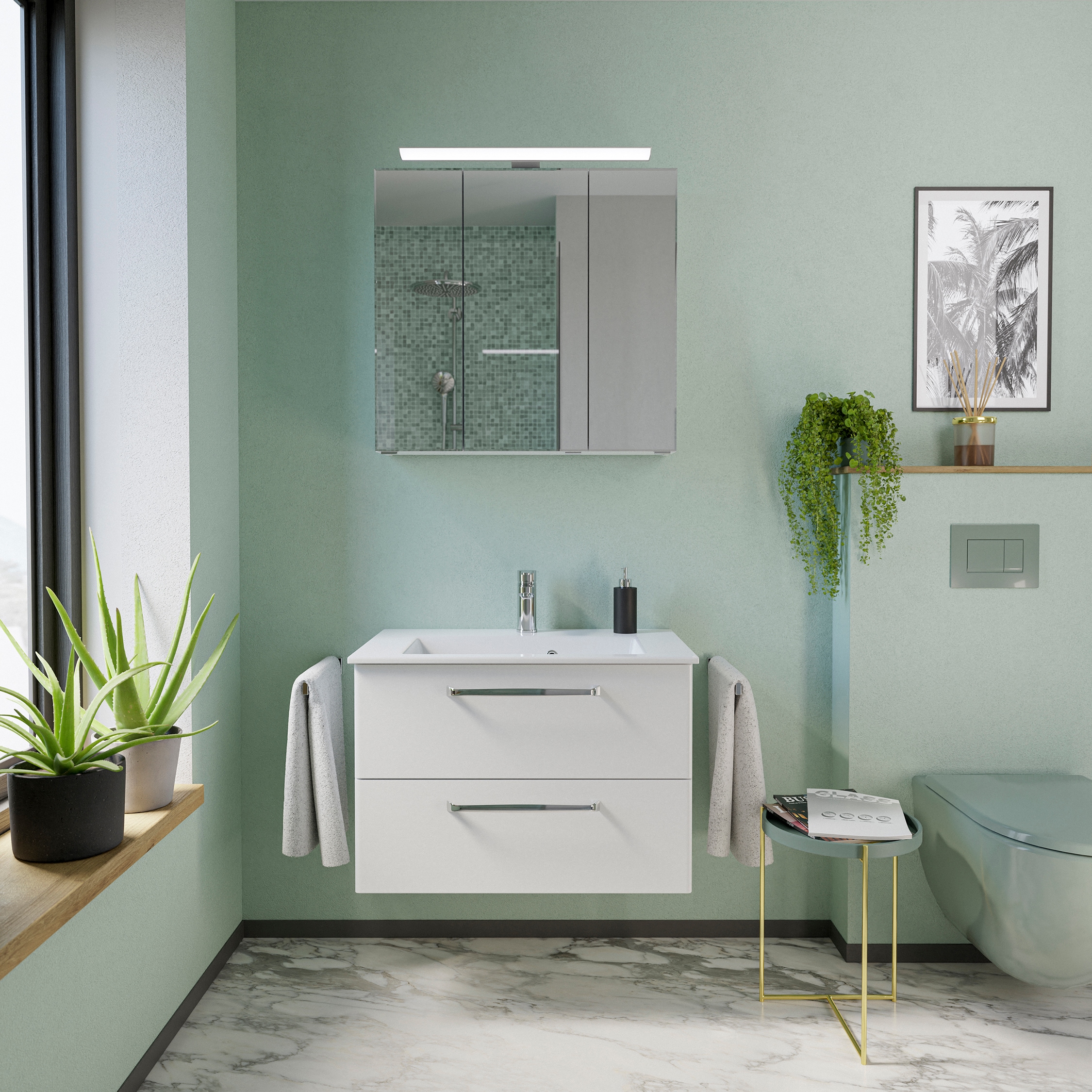 Saphir Badmöbel-Set »Trentino 2-tlg Mineralmarmor-Waschtisch,Spiegelschrank mit LED-Leuchte«, (3 St.), Badmöbel-Set 77cm breit, inkl. Türdämpfer, 3 Türen, 2 Auszügen