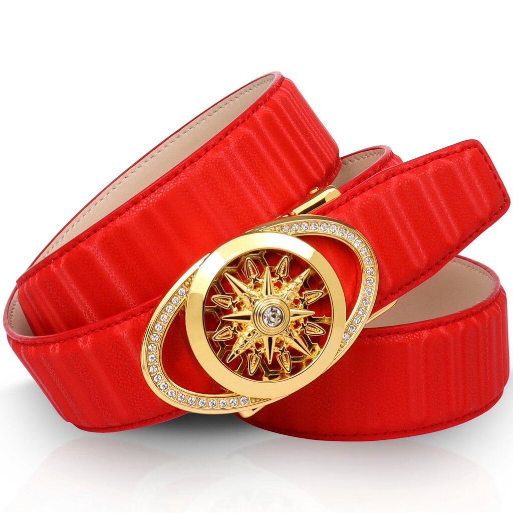 Damenmode Accessoires Anthoni Crown Ledergürtel, Filigrane goldfarbene Automatik-Schließe und drehender Windrose rot Damenmode Accessoires Anthoni Crown Ledergürtel, Filigrane goldfarbene Automatik-Schließe und drehender Windrose rot