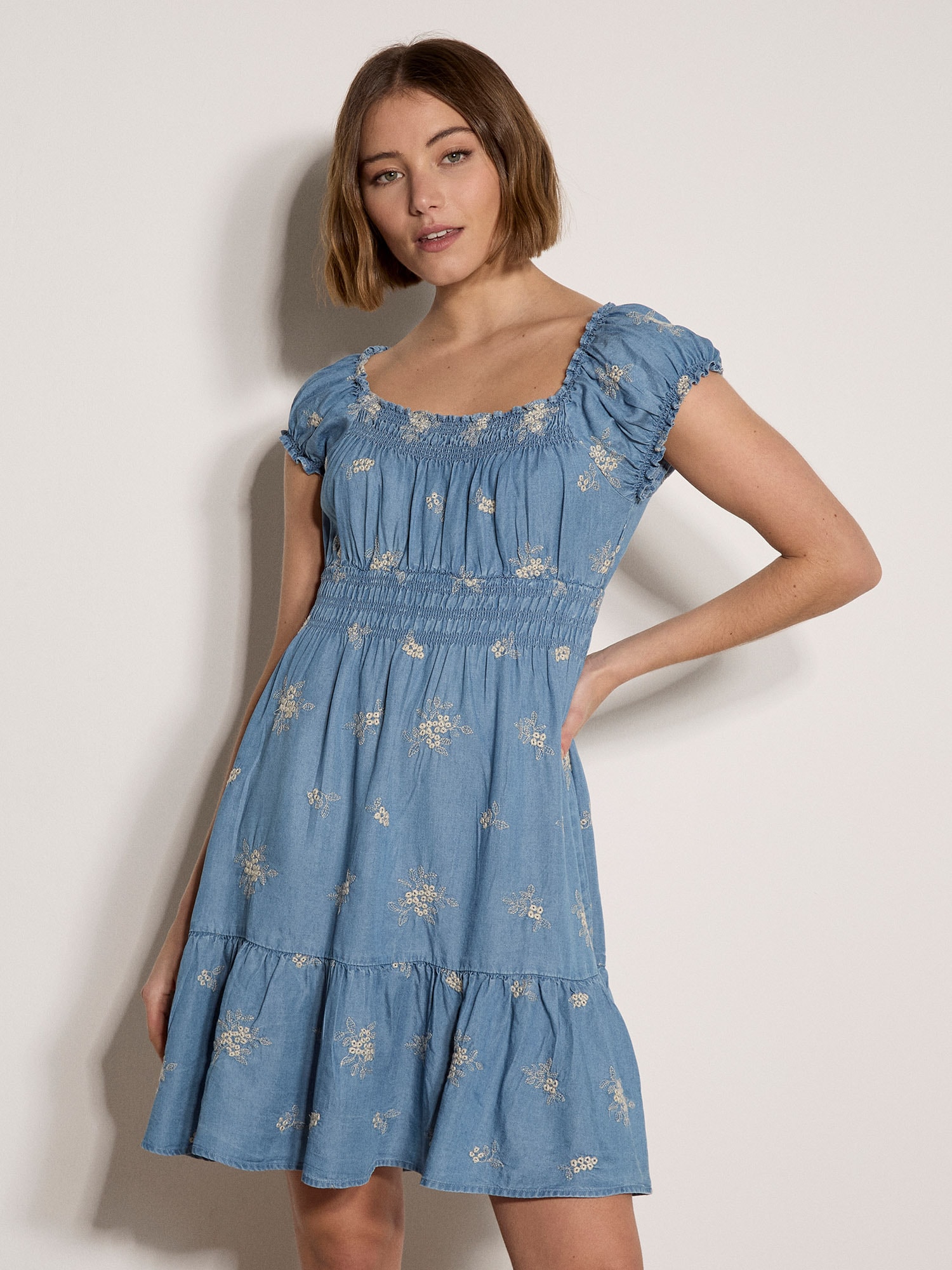 Apricot Minikleid "Denim Blumen-Stickerei Kleid" mit Blumenstickerei