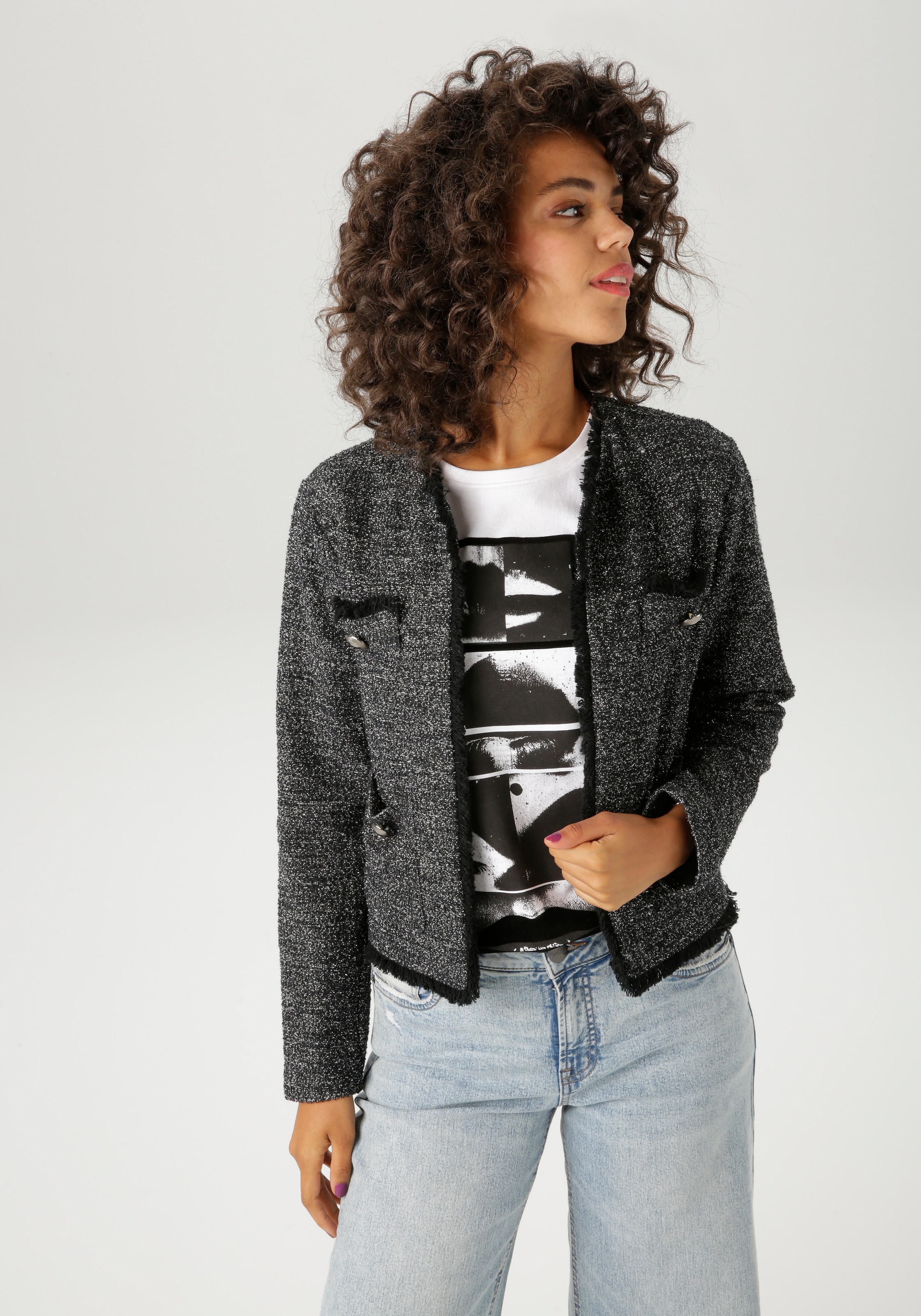 Aniston CASUAL Kurzblazer, aus meliertem Bouclé-Jacquard mit Glanzfäden - N günstig online kaufen
