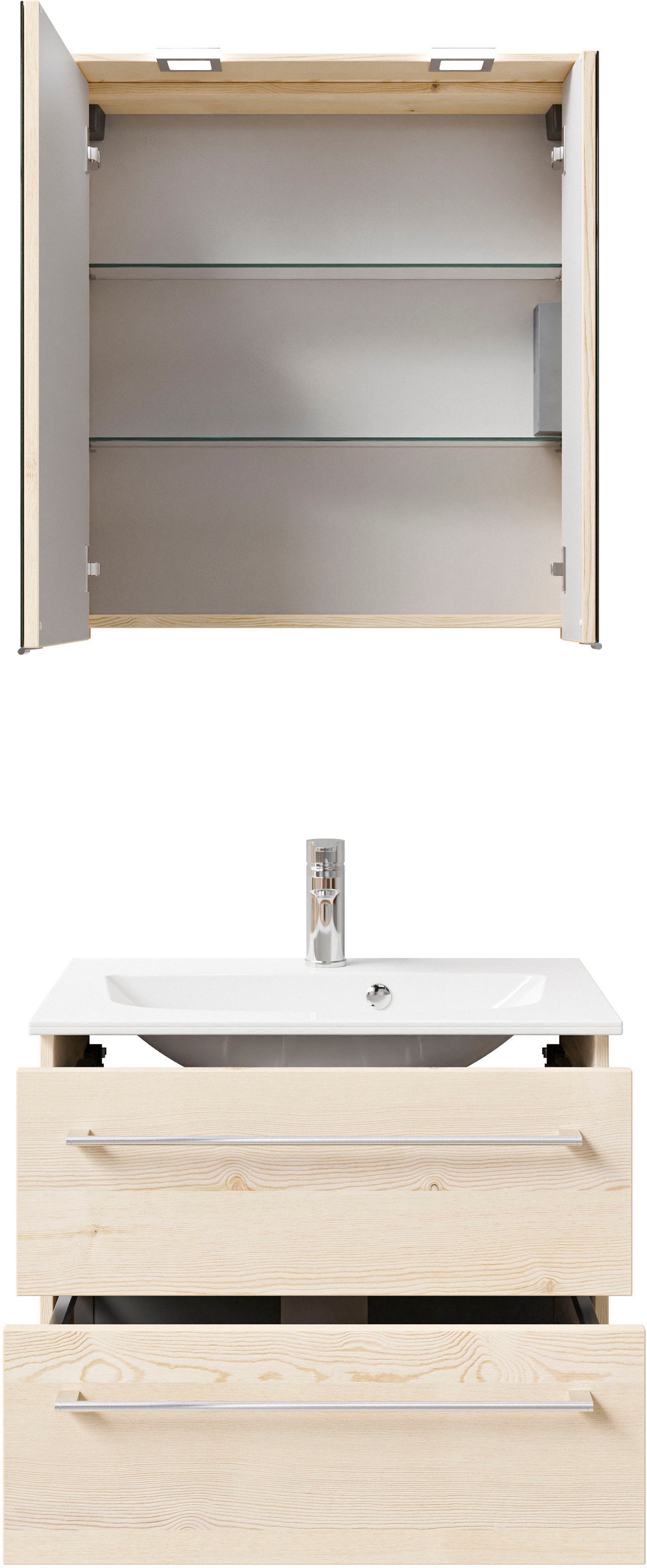 Saphir Badmöbel-Set »Serie 6025 2-teilig Mineralmarmor-Waschtisch mit LED-Spiegelschrank«, (2 St.), Waschplatz 67 cm breit, 2 Schubladen, 2 Spiegel-Türen, inkl Türdämpfer