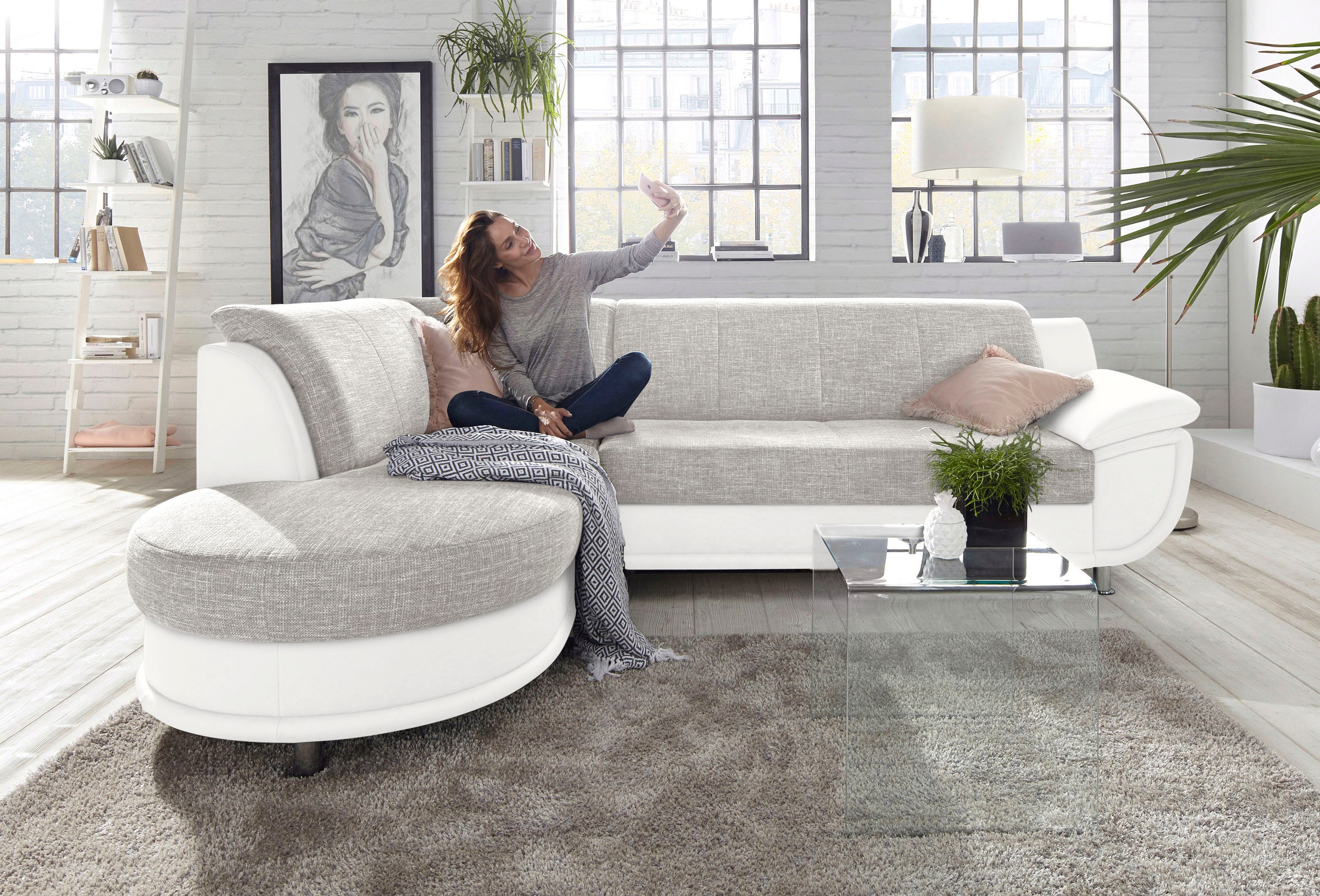 TRENDMANUFAKTUR Ecksofa »Rondo 3, zeitlos und bequem, Materialmix, breite Armlehnen, L-Form«, wahlweise mit Federkern für mehr Komfort, wahlweise mit Bettfunktion