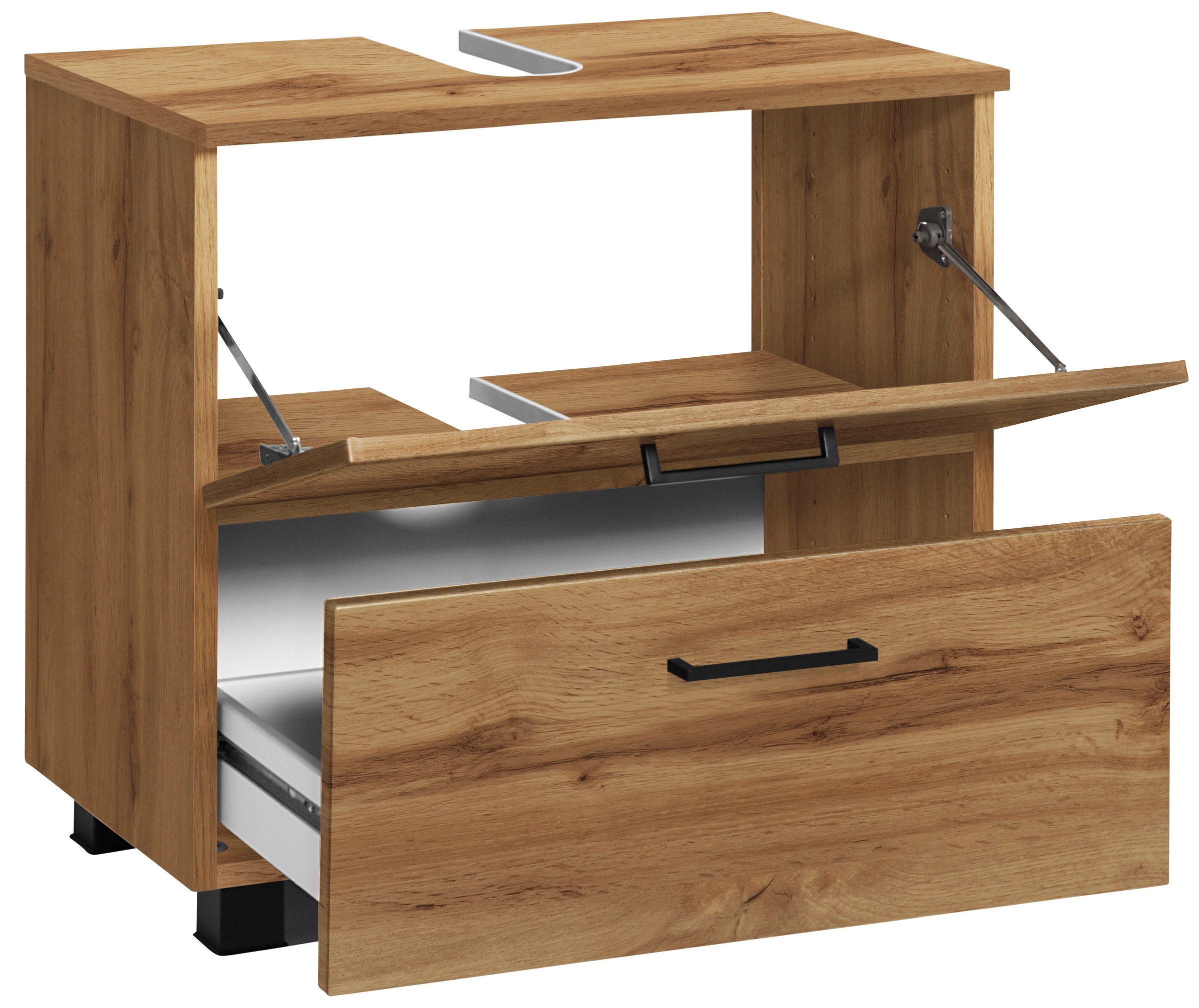 welltime Badmöbel-Set »"Trento", Badezimmer-Set, Hängeschrank, Unterschrank, Midischrank«, (5 St.), Waschbeckenunterschrank, Spiegelschrank inkl. Aufbauleuchte
