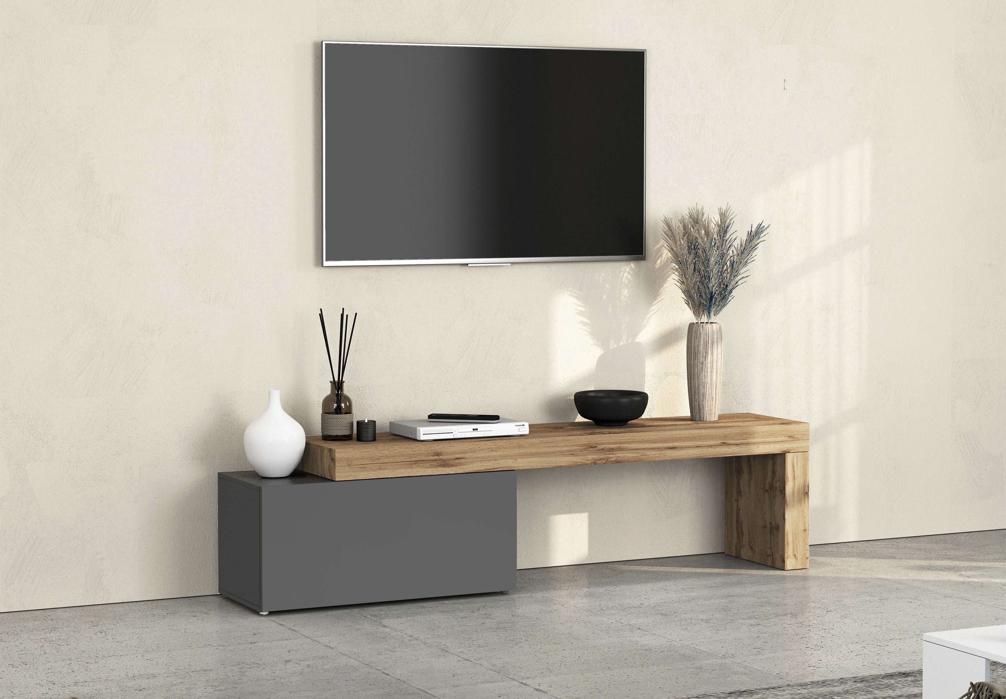 OTTO home Lowboard "Lowboard Chronos TV-Board, TV-Schrank" Spar-Set, Breite verstellbar von 180 bis 260 cm, 1 Stk. tlg. Breite 220 cm TV-Board,Lowboard,1 Klappe und ein L-Förmiger Aufsatz