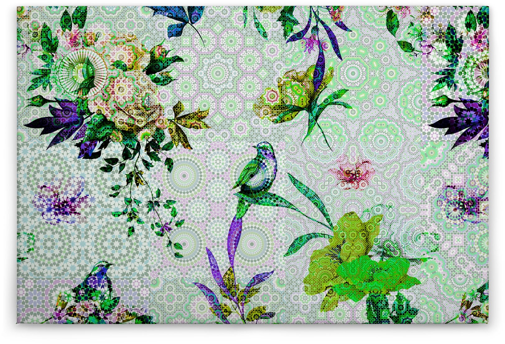 A.S. Création Leinwandbild »mosaic garden«, Kunst-Vögel-Kinder, (1 St.), Mosaik Keilrahmen Floral Blumen Vögel Leinwand-Bild Wohnzimmer modern