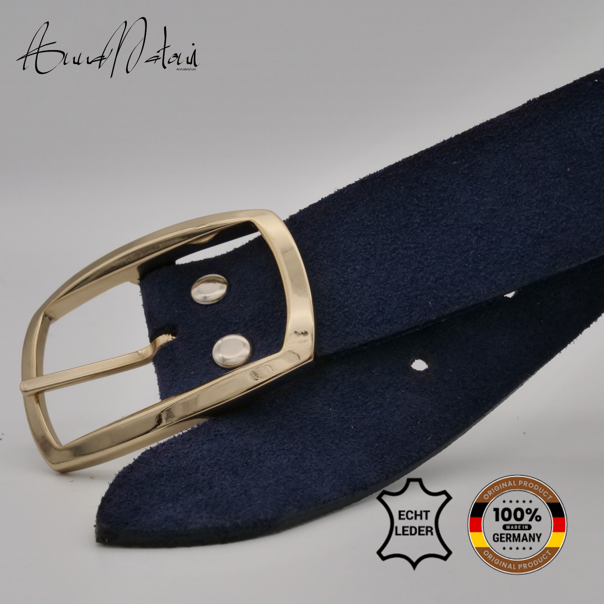 Ledergürtel ANNAMATONI "AnnaMatoni Damen Ledergürtel in hochwertigem Velour Leder 3,5cm", Damen, Gr. TW80 - 95cm Gesamtlänge, marine 490, 100% Leder, Gürtel Ledergürtel 2