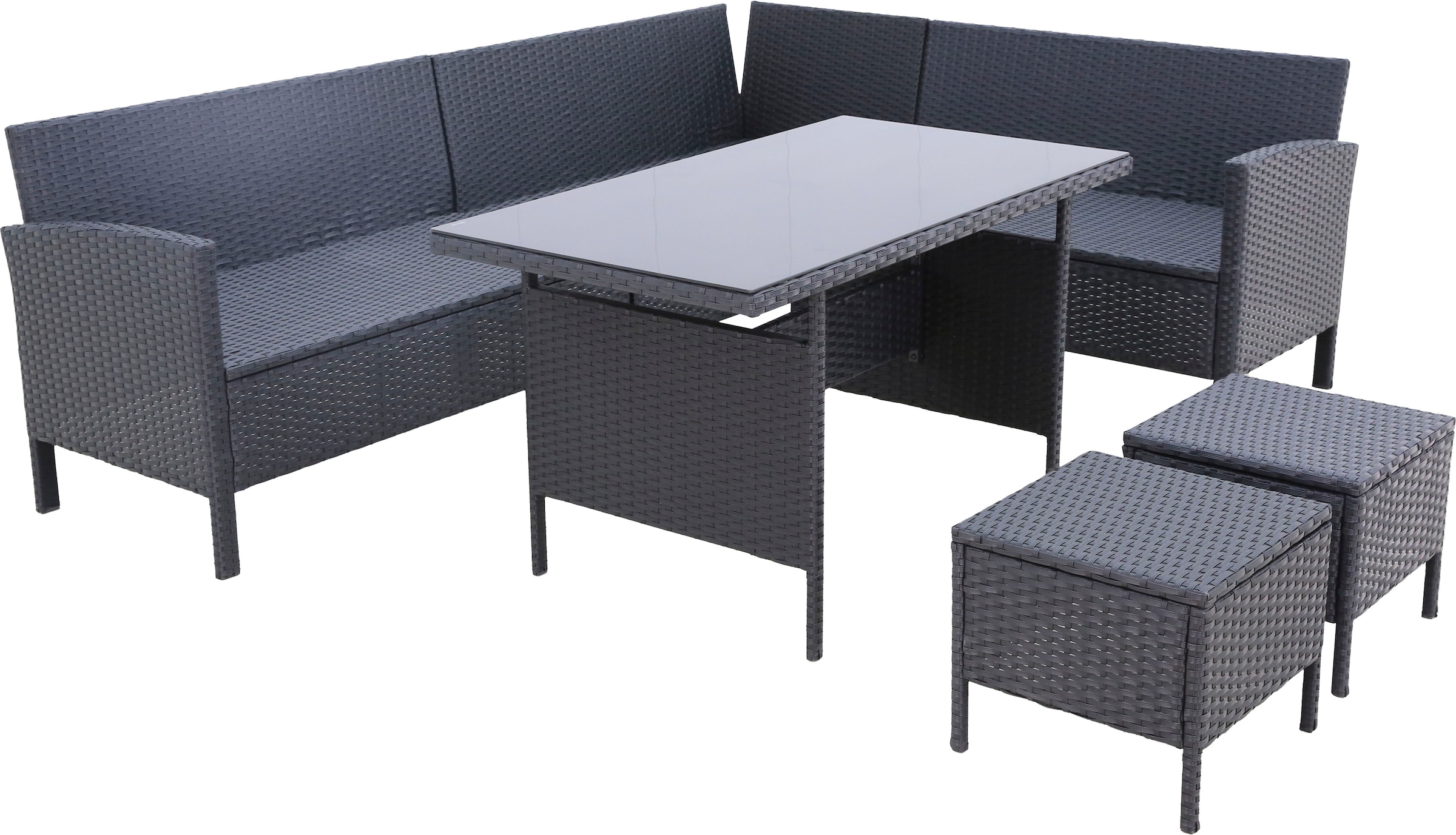 KONIFERA Gartenlounge-Set »»Manhattan««, (Set, 18 tlg., Ecklounge, Tisch 66x120x74 cm, 2 Hocker, inkl. Auflagen), Stahl/Polyrattan