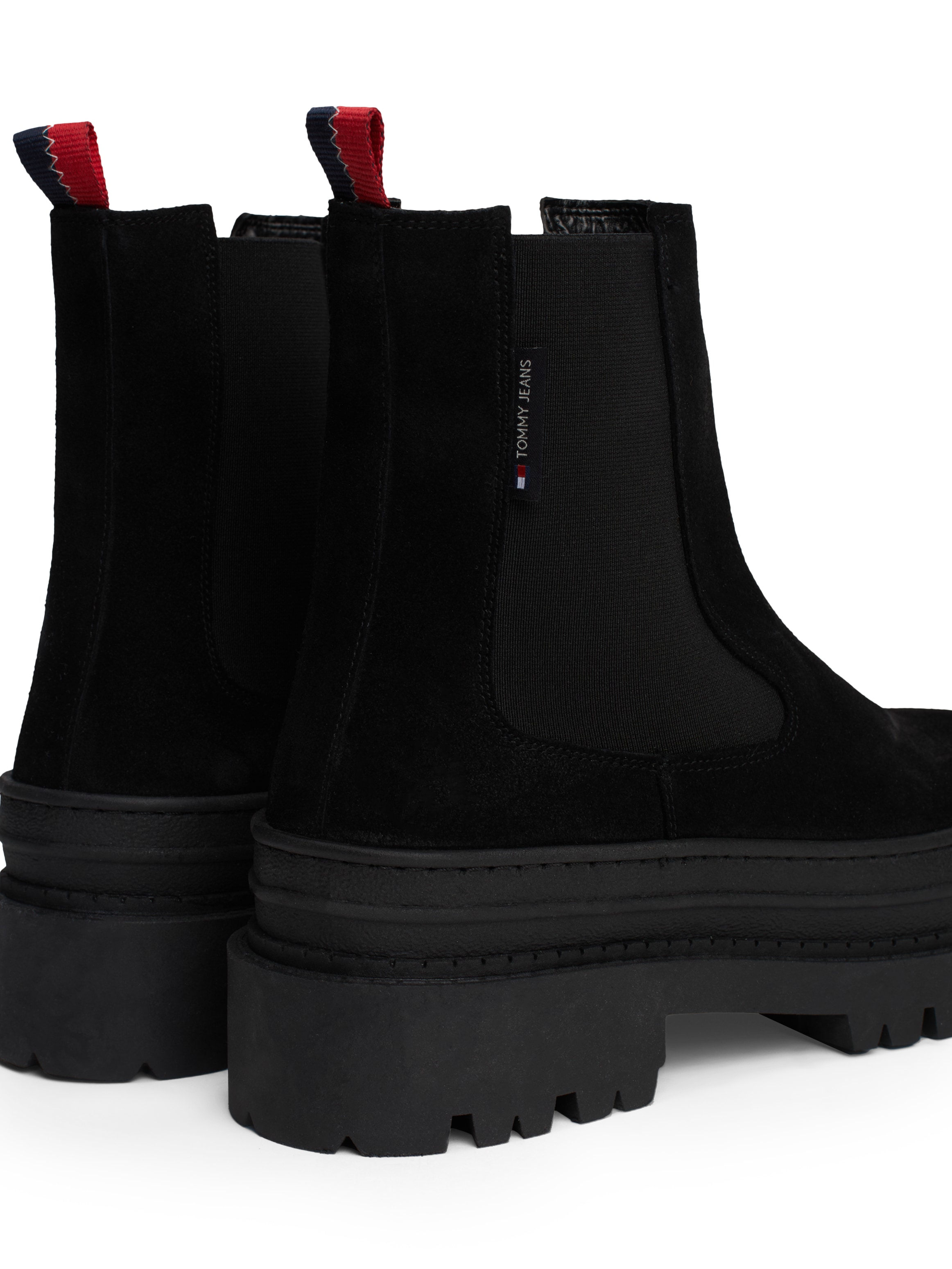 Tommy Jeans Chelseaboots »TJW FOXING CHELSEA SUEDE«, Blockabsatz, Schlupfboots, Stiefelette mit bunter Anziehlasche