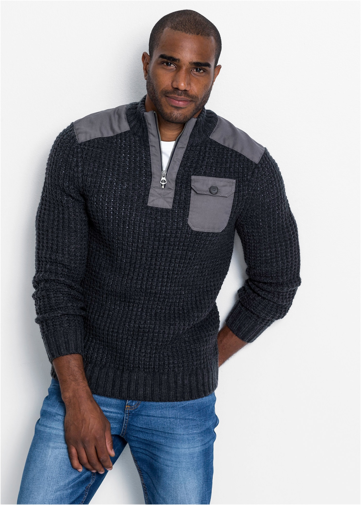 bonprix Troyer "Grobstrick Troyer Pullover mit Web-Besatz" aus Grobstrick, Web-Einsätze, mit Stehkragen und Zipper, Regular Fit