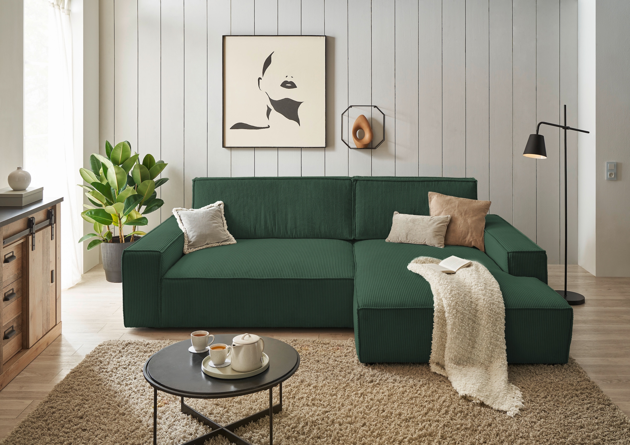 Home affaire Ecksofa »NEU: SHERWOODL XXL 284, Big-Sofa L-Form, tiefe Sitzfläche 95 cm, Cord,«, Leinenoptik, Recamiere rechts/links, auch als Schlafsofa stellbar