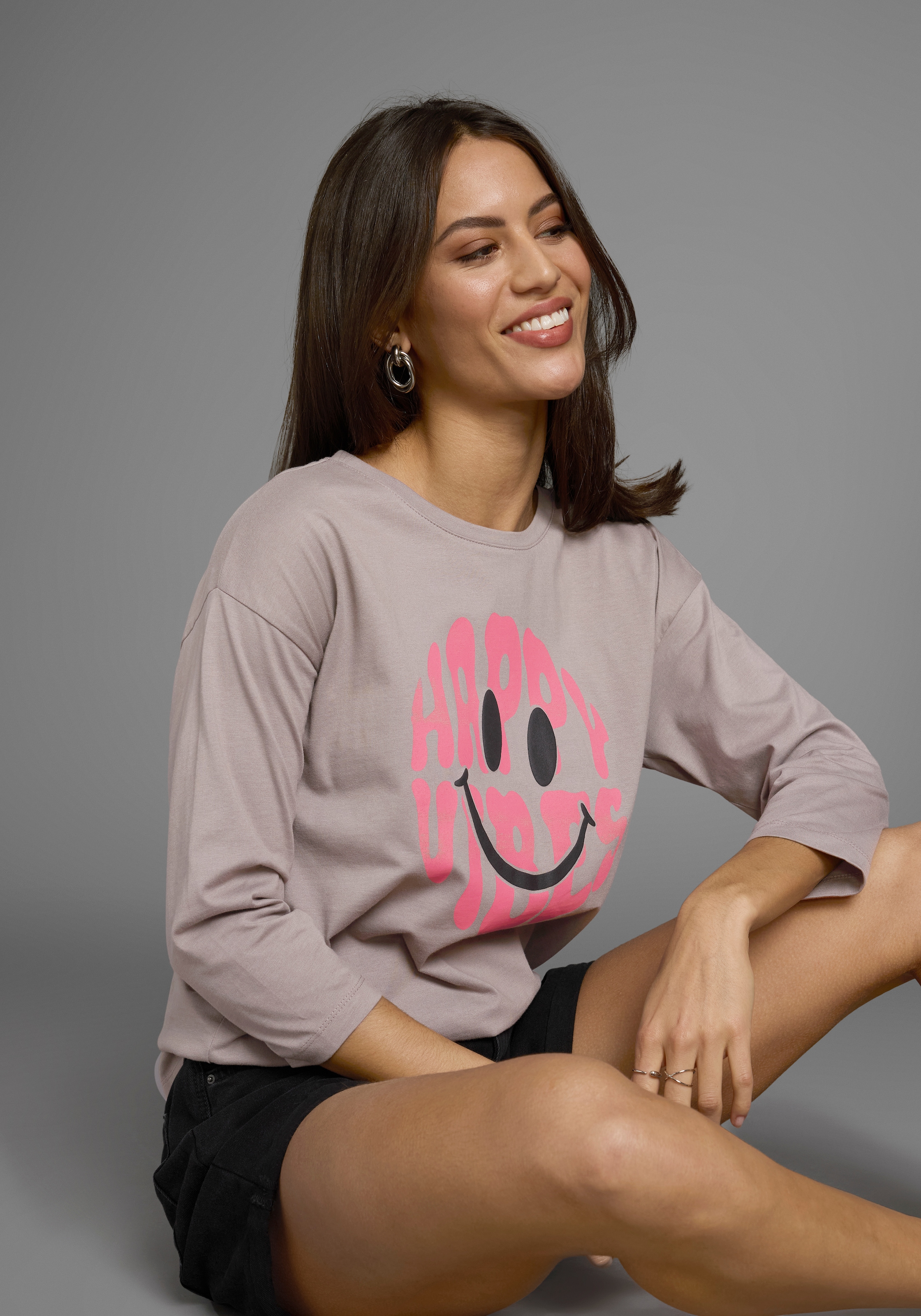 Laura Scott 3/4-Arm-Shirt, mit fröhlichem Frontprint & abgerundetem Saum - NEUE KOLLEKTION