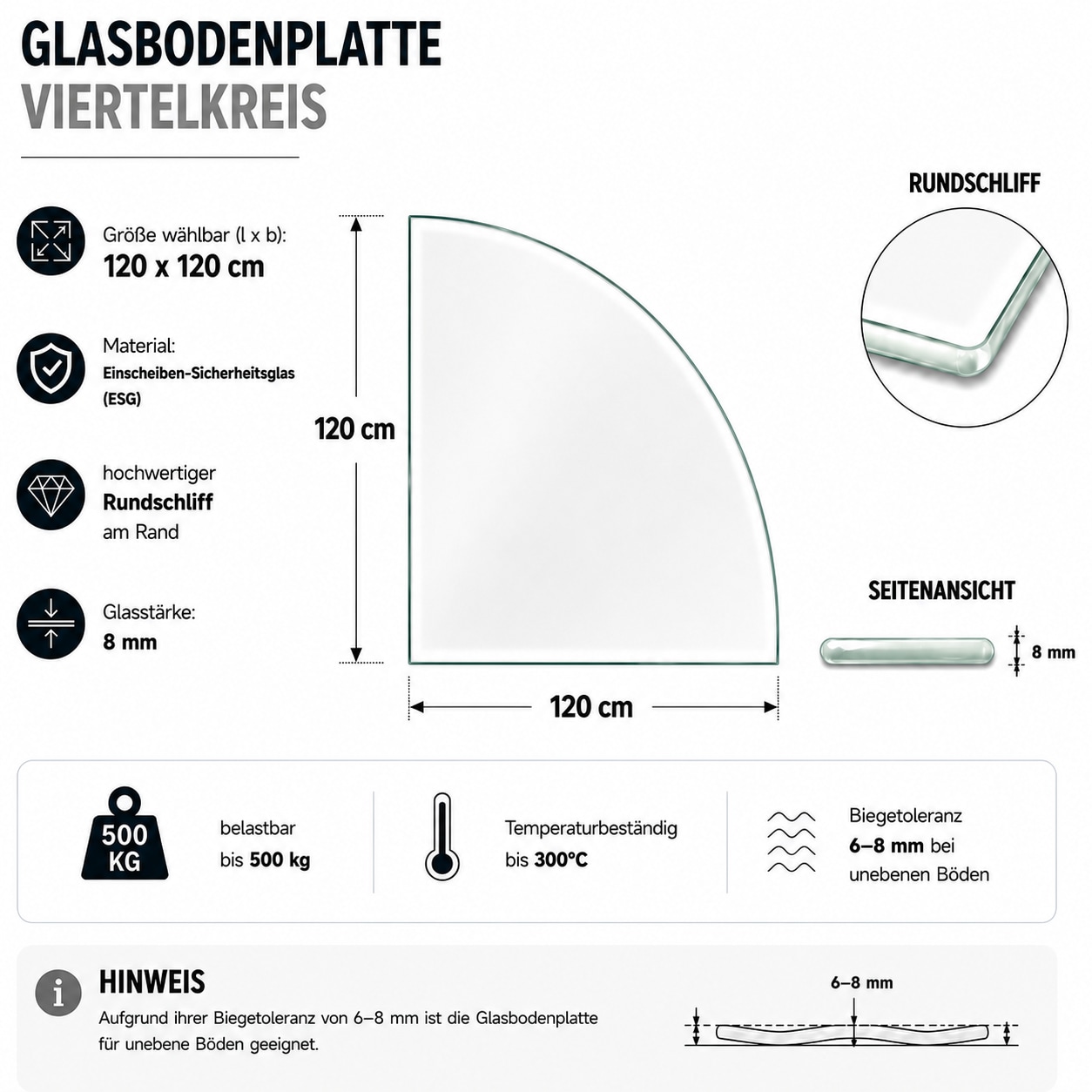 Hanseatic Bodenschutzplatte »Viertelkreis Glas 120x120x0,8« Funkenschutzplatte