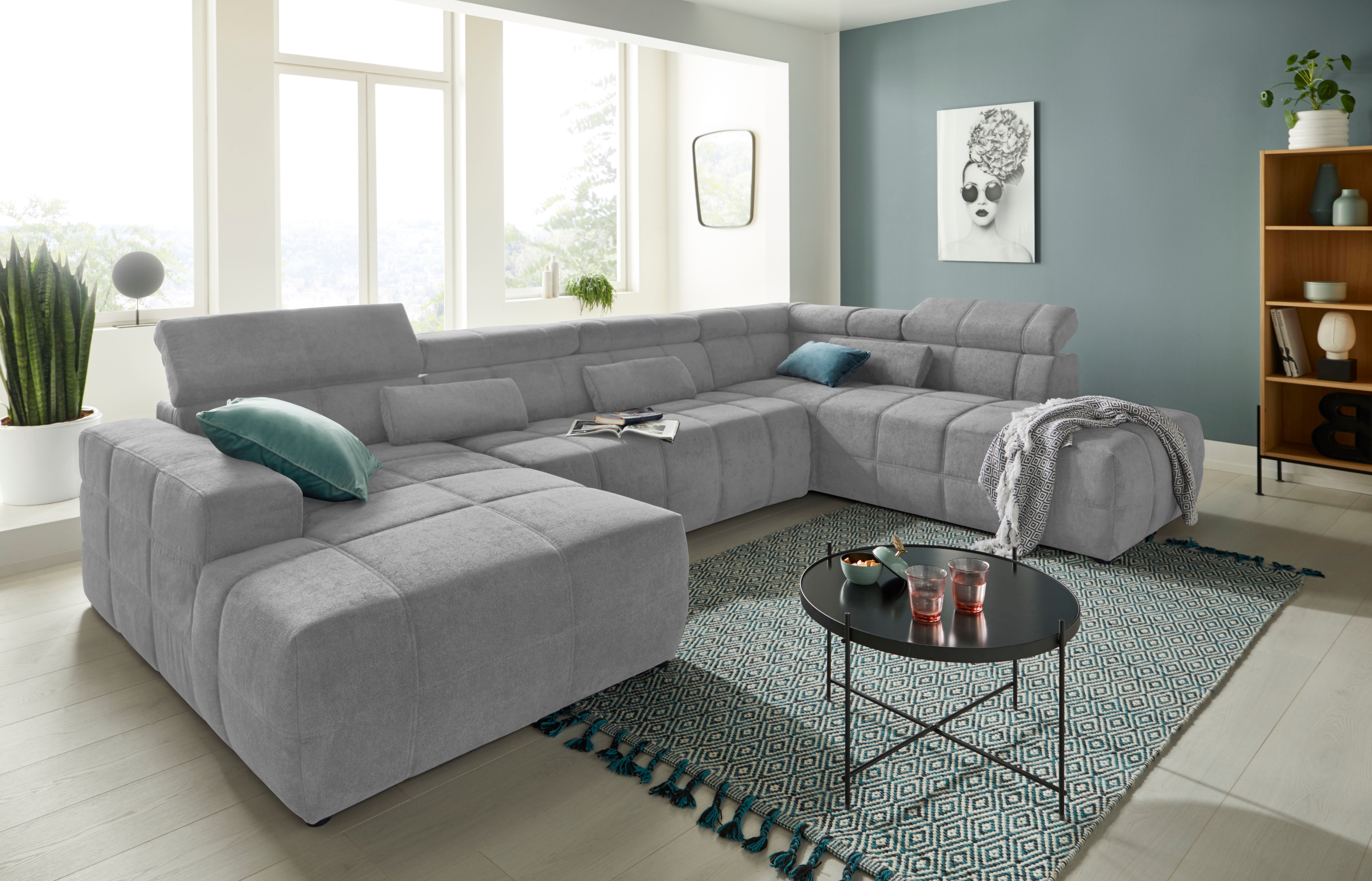 DOMO collection Wohnlandschaft "BRANDON whlw. mit Sitztiefenverstellung, whlw. Nierenkissen" mit Kopfteilverstellung, wahlweise Sitztiefenverstellung, U-Form