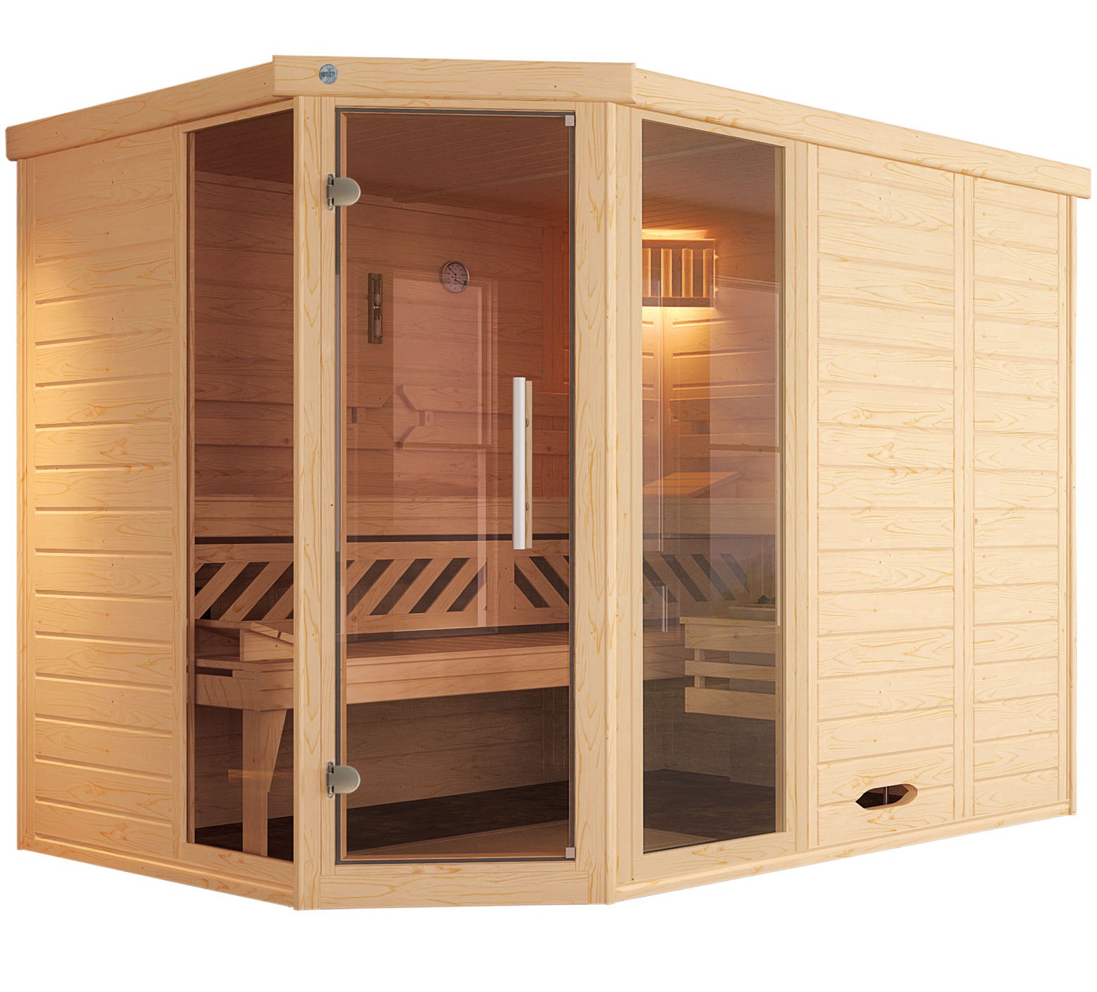 weka Sauna "Design-Sauna KEMI Eck 2" Blockbohlen, vorgef. Elemente, Fensterelement, mod. Ganzglastür