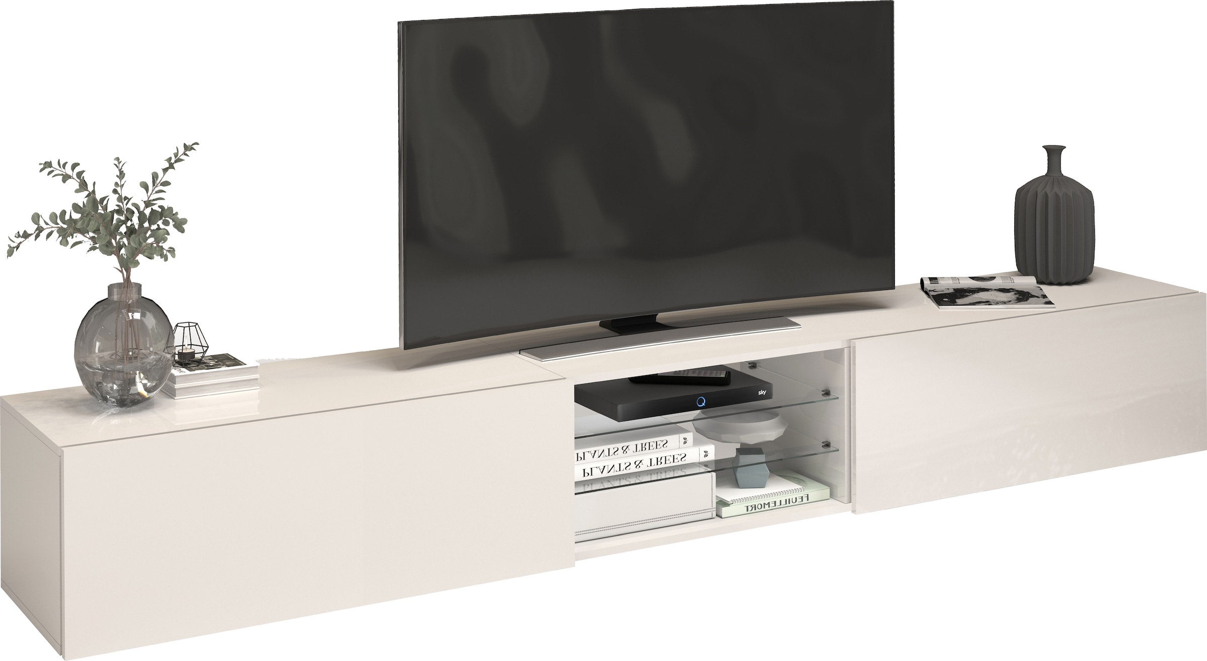 INOSIGN Lowboard »Egypt,Lowboard,TV-Kommode,TV-Möbel,TV-Bank«, mit 2 Klappen, 2 Glasböden,kompl. Hochgl. lackiert (B/T/H)240x38x35 cm