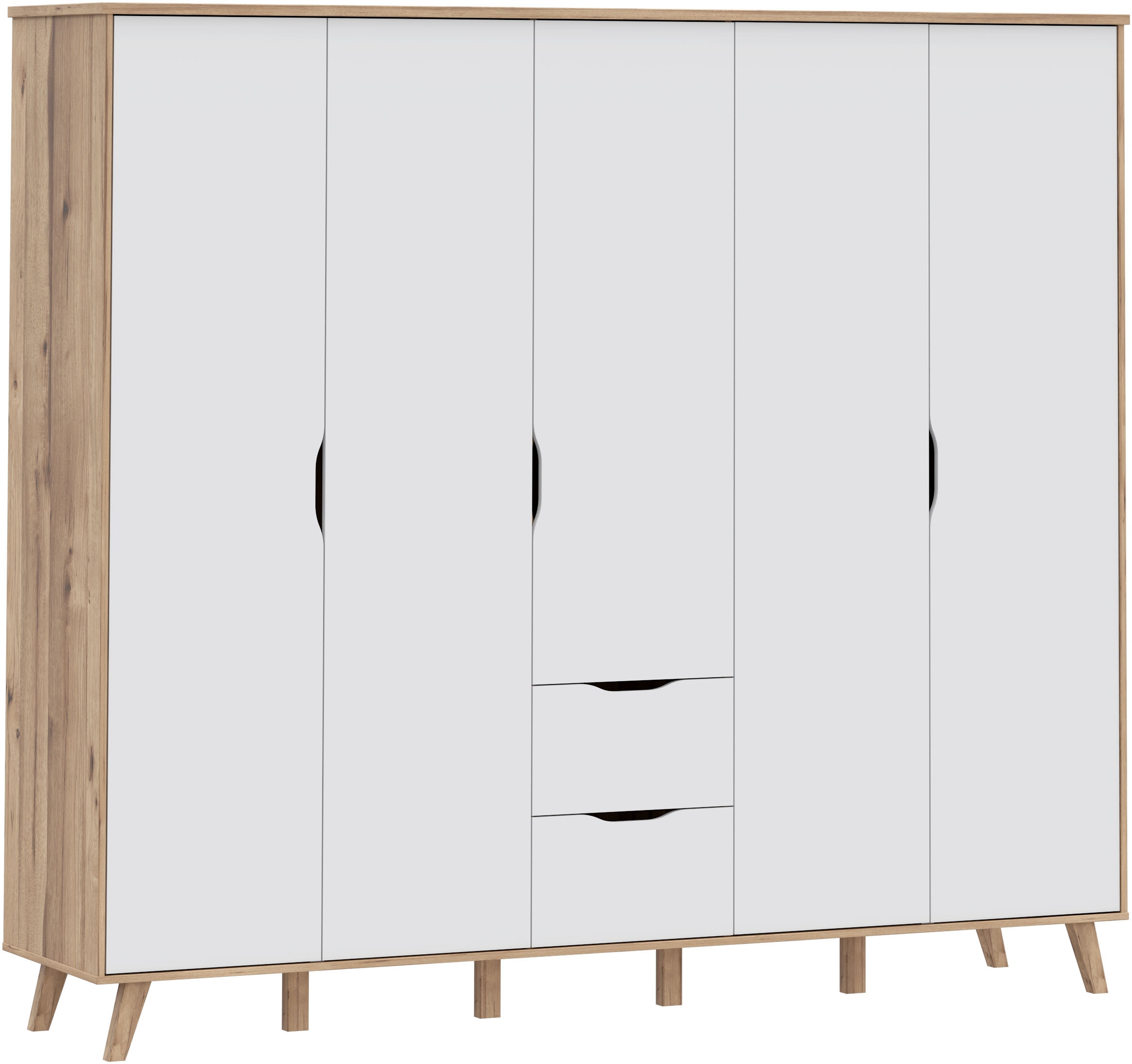 FORTE Kleiderschrank "Vankka, Drehtürenschrank, Viel Stauraum, skandinavischer Stil" Made in Europe, mit Einlegeböden+Kleiderstangen+Schubladen,grifflos