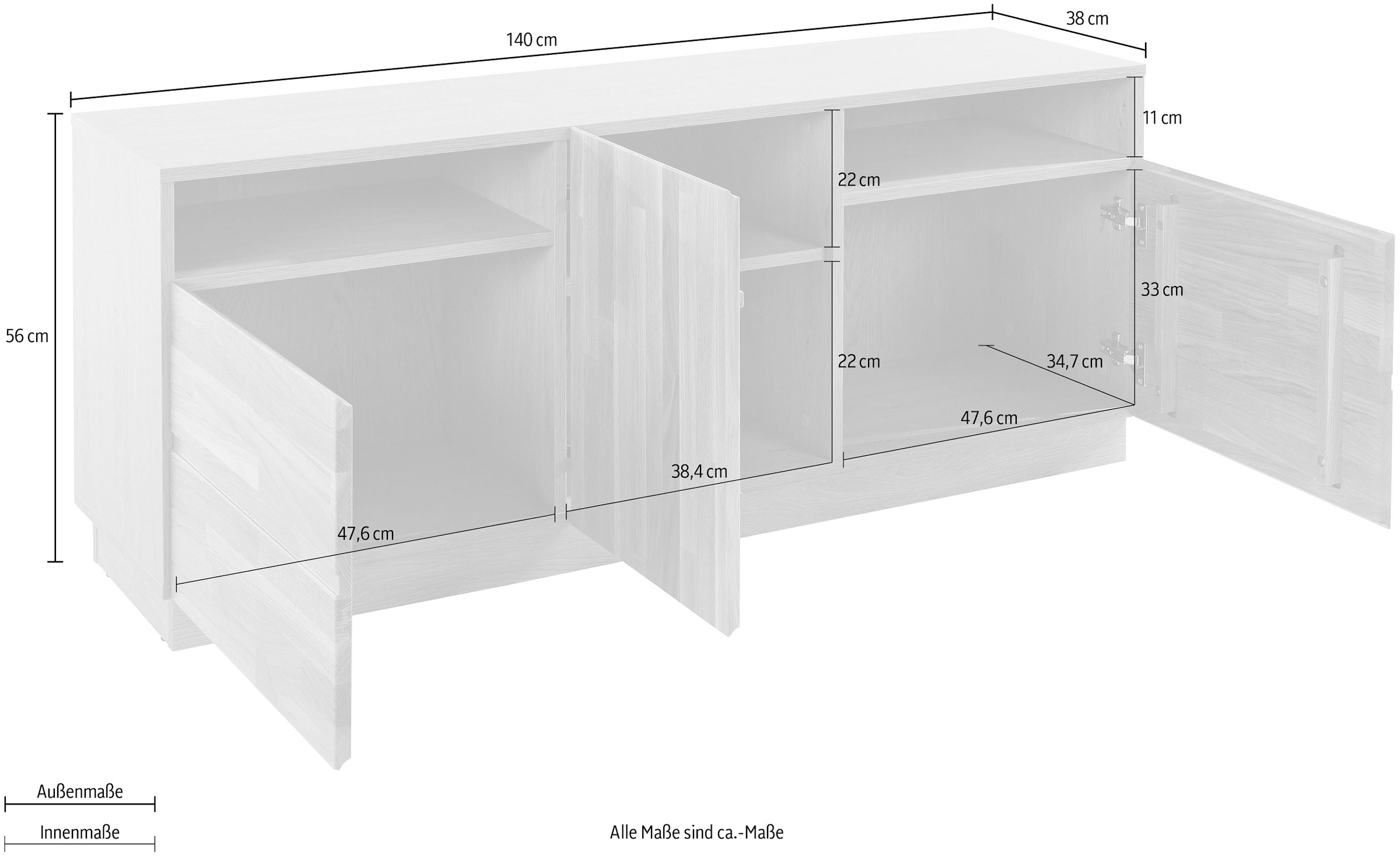 Home affaire Lowboard, Kommode, Breite 140 cm, teimassiv, FSC®-zertifiziert