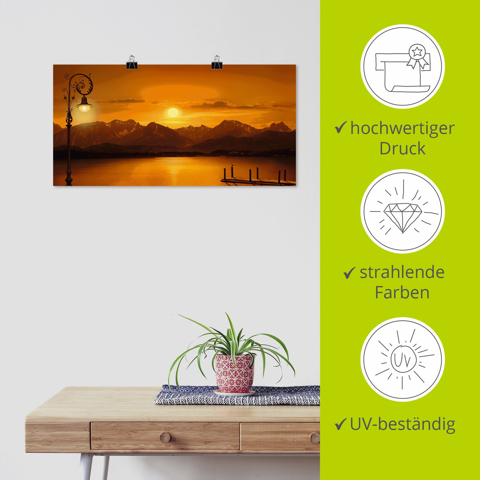 Artland Poster »Der Bergsee im Abendlicht«, Berge, (1 St.), als Leinwandbild, Wandaufkleber oder Poster in versch. Größen